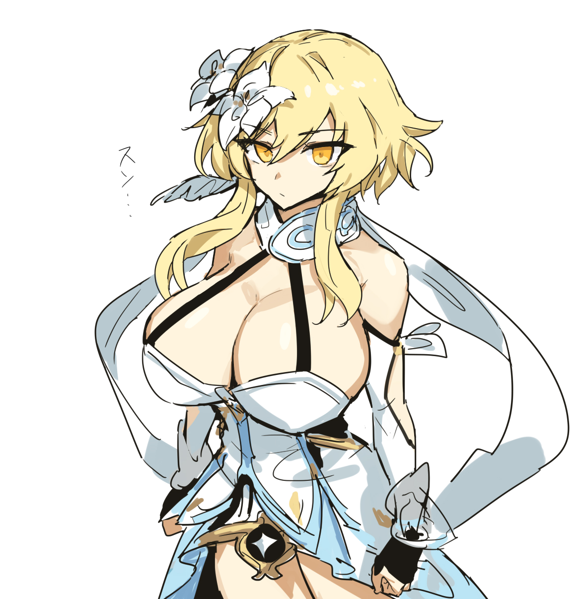 alternate breast size, big breasts, blank stare, blonde hair, breasts, cleavage, curvy, female, genshin impact, hair ornament, huge breasts, light skin, light-skinned female, looking at viewer, lumine (genshin impact), melon22, pale skin, pale-skinned female, short hair, source request, thick thighs, yellow eyes