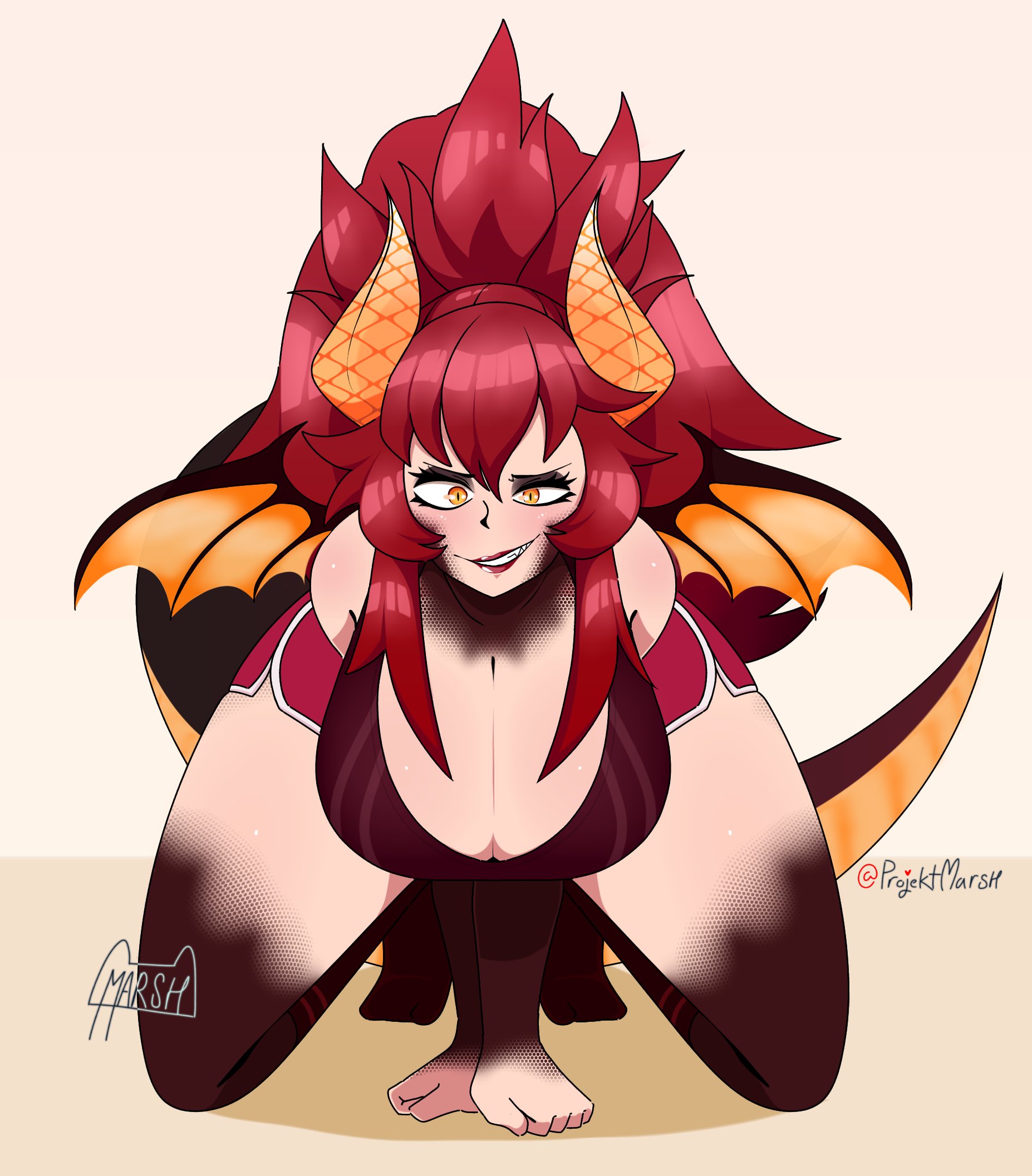 bedroom eyes, big hair, breasts, cleavage, dragon, dragon girl, dragon tail, dragon wings, female, female only, gym shorts, horns, huge breasts, imminent sex, orange eyes, orange wings, ponytail, projektmarsh, red hair, scales, sketch, smirk, solo, tail, virtual youtuber, vshojo, wide hips, wings, zentreya