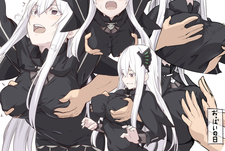 1girls, black dress, breast grab, breast press, breasts, echidna (re:zero), female, grabbing from behind, groping, groping breasts, hair ornament, higher resolution available, large breasts, light skin, light-skinned female, long hair, long sleeves, re:zero kara hajimeru isekai seikatsu, shiseki hirame, sweatdrop, white hair