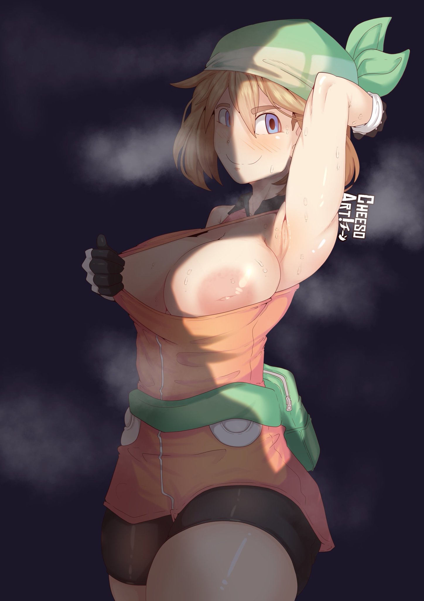 1girls, alternate breast size, arm up, armpit, armpit fetish, armpits, arms up, bandana, blue eyes, breasts, brown hair, brown-haired female, cheesoart, clothed, female, flashing, human, inverted nipples, large breasts, may (pokemon emerald), may (pokemon), nipples, pokemon, pokemon rse, shirt pull, smile, solo, solo female, steam, steamy, sweat, sweaty, sweaty armpits