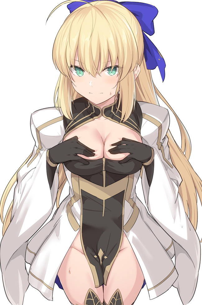artoria pendragon, artoria pendragon (caster), blonde hair, blue ribbon, breasts, fate (series), fate/grand order, female, green eyes, long hair, nervous, no panties, shiseki hirame, sweatdrop, thighs, white dress
