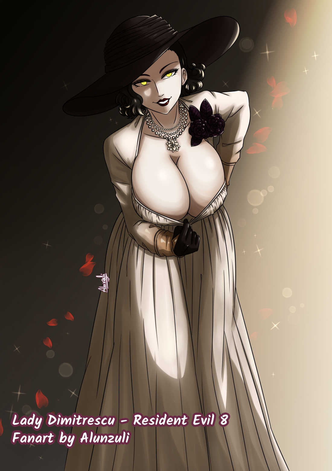 alcina dimitrescu, alunzuli, black hair, breasts, busty, capcom, cleavage, dress, female, gloves, hat, jewelry, large breasts, looking at viewer, resident evil, resident evil 8: village, smile, solo, yellow eyes