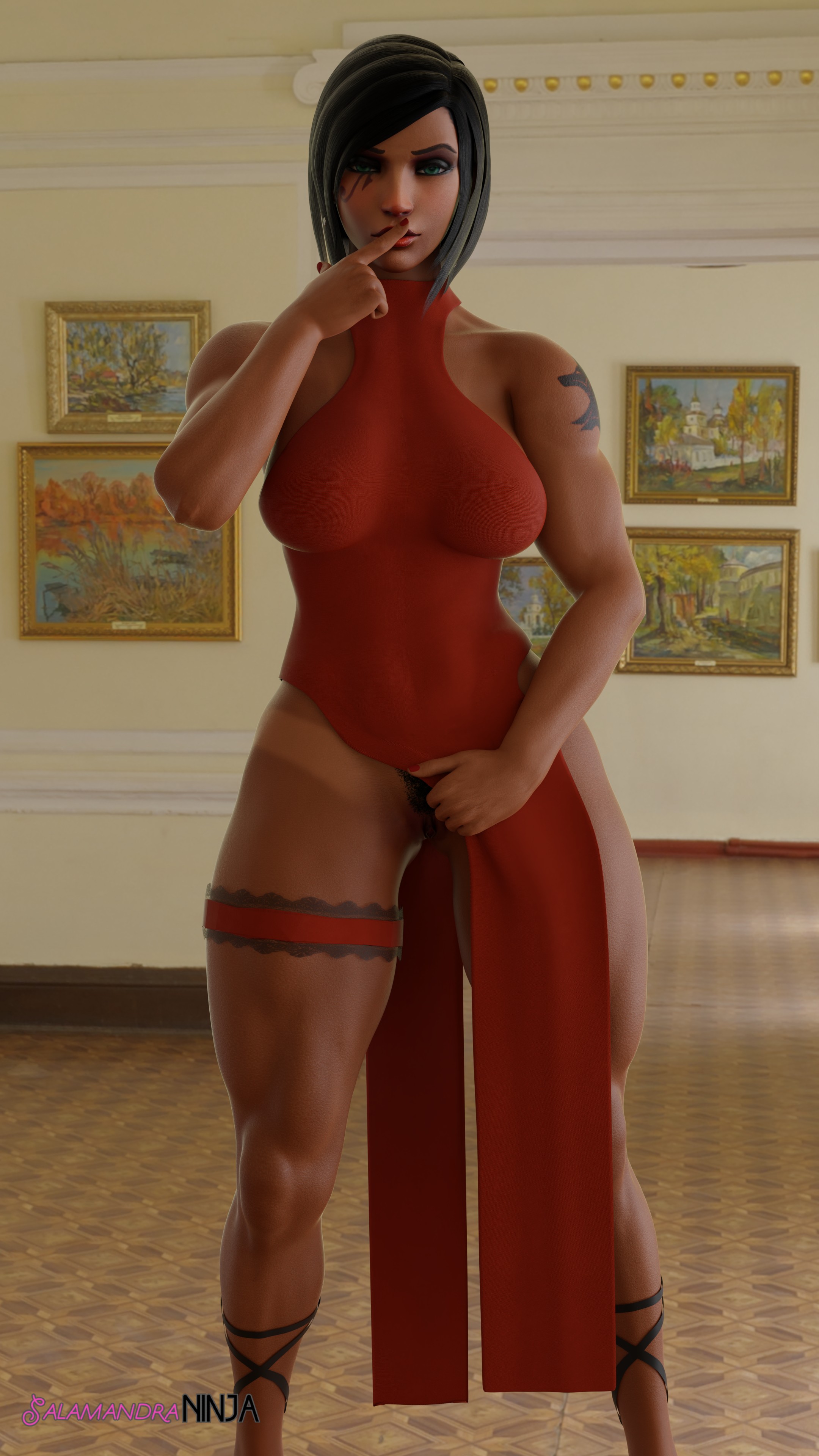 3d, blender, dark skin, dark-skinned female, exhibitionism, female, muscular, muscular female, overwatch, pharah, pubic hair, salamandraninja, thick thighs