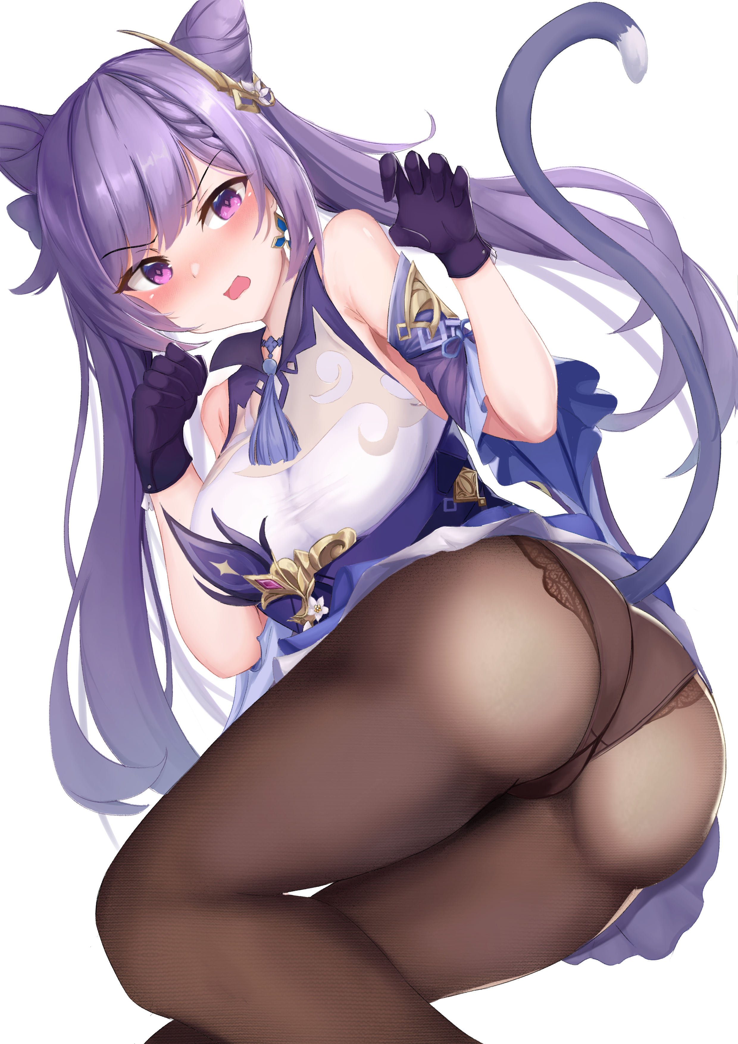 absurdres, ass, bangs, bare shoulders, blush, breasts, brown legwear, cat tail, double bun, dress, female, genshin impact, gloves, hair ornament, highres, keqing (genshin impact), kuro (blackpgmickey), large breasts, long hair, looking at viewer, open mouth, panties, panties under pantyhose, pantyhose, purple dress, purple eyes, purple gloves, purple hair, swept bangs, tail, thighs, twintails, underwear