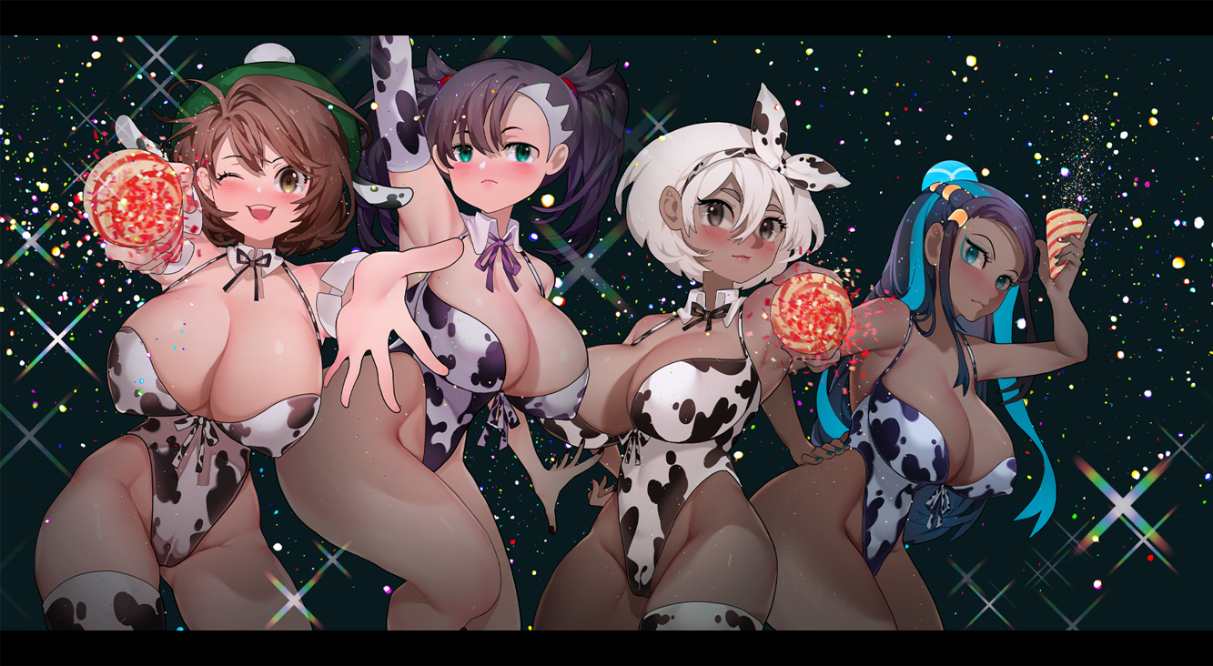 4girls, alternate breast size, bea (pokemon), big breasts, breasts, celebration, cow bikini, cow print, curvy figure, female, gloria (pokemon), huge breasts, large breasts, long hair, looking at viewer, marnie (pokemon), multiple females, multiple girls, nessa (pokemon), nintendo, pokemon, pokemon ss, short hair, sumisumii, thick thighs, thighs, two-tone hair, wide hips