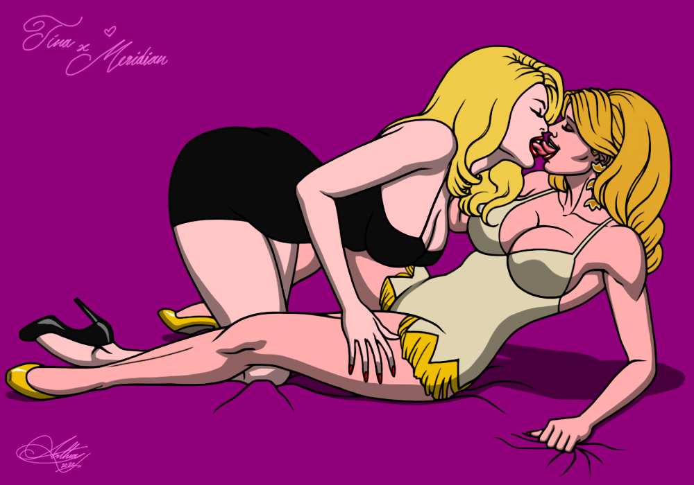 2girls batman_(series) batman_forever blonde_hair chase_meridian crossover dc_comics eyes_closed heels kaywest kissing multiple_girls on_bed purple_background the_mask tight_dress tina_carlyle tongue_kiss tongue_out yuri