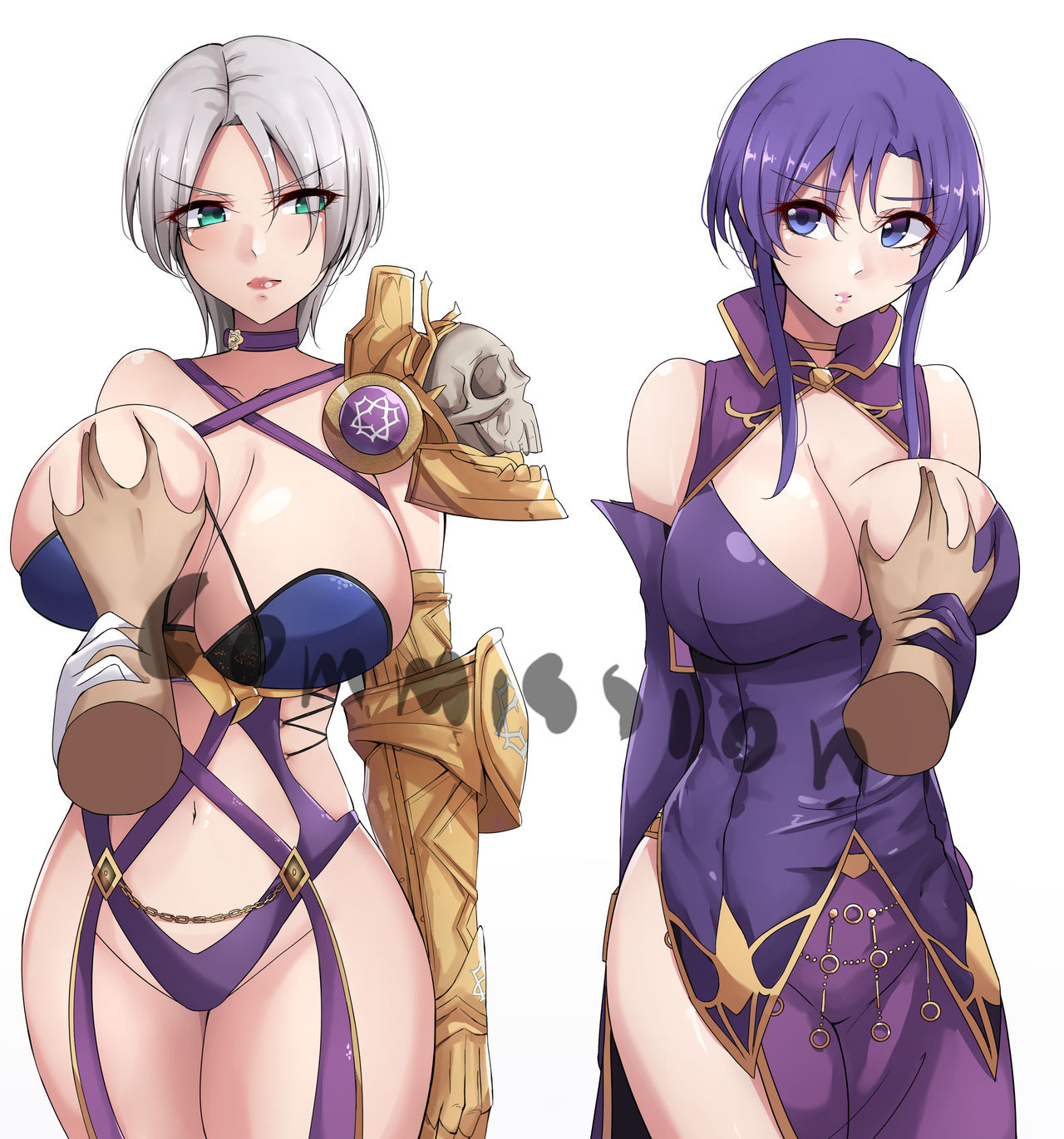 2girls, breast grab, breasts, cleavage, clothed, crossover, female, female focus, fire emblem, fire emblem: the blazing blade, grabbing, isabella valentine, large breasts, mistynight, nintendo, soul calibur, ursula (fire emblem)