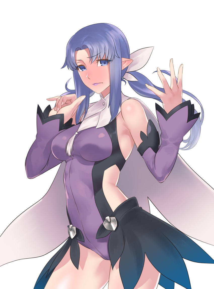 blue_eyes blue_hair blush breasts cosplay elf_ears fate/grand_order fate_(series) hikichi_sakuya leotard magical_girl medea_(fate) miyu_edelfelt pointy_ears purple_dress purple_lipstick side_view twintails