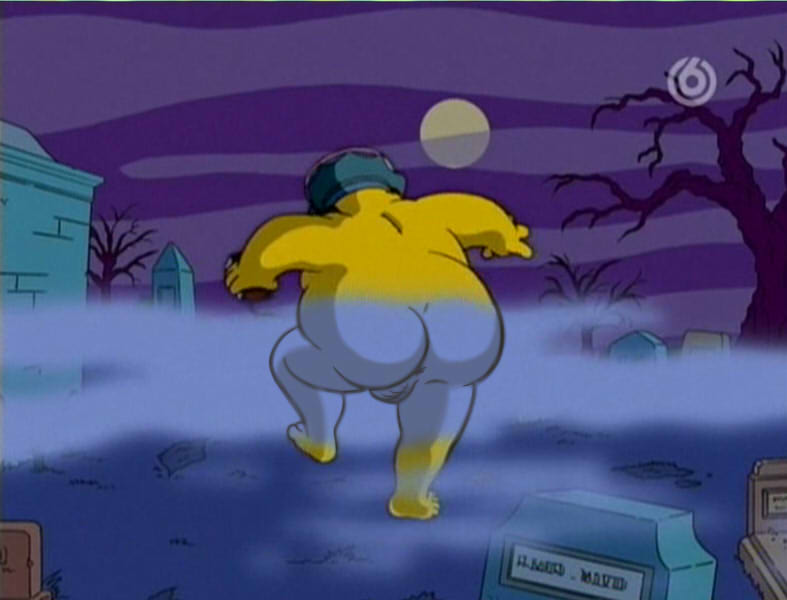 20th_century_fox anus ass balls ballsack blue_hair butt_crack chief_wiggum clancy_wiggum dancing fat_man fog graveyard male male_only moon naked naked_male obese obese_male officer_hat screenshot screenshot_edit the_simpsons walkman yellow_skin