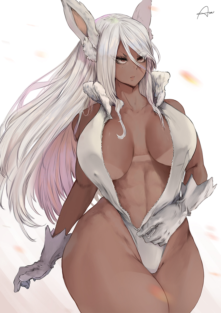 1girls, alternate costume, animal ears, araneesama, bare shoulders, big breasts, breasts, bunny ears, curvy, cutesexyrobutts (style), dark skin, dark-skinned female, female, gloves, highres, leotard, long hair, miruko, my hero academia, nipples, parted lips, rabbit girl, red eyes, rumi usagiyama, sleeveless, solo, tanline, teasing, thick thighs, thighs, undressing, unzipped, white background, white fur, white hair, white-haired female, wide hips