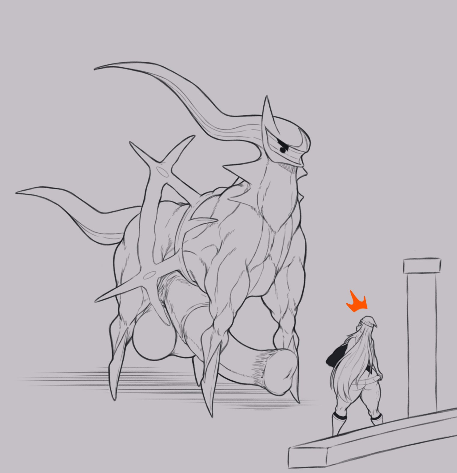 1boy, 1girls, aomokoka, arceus, black and white, dawn (pokemon), female, furry, horsecock, hyper penis, imminent sex, it'll never fit, legendary pokemon, male, male pokemon, penis, pokemon, pokephilia, size difference, sketch