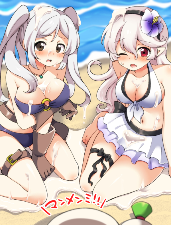 2girls bikini breasts brown_eyes brown_gloves cleavage corrin_(fire_emblem) corrin_(fire_emblem)_(female) corrin_(summer)_(fire_emblem)_(female) eromame female_only fire_emblem fire_emblem_awakening fire_emblem_fates fire_emblem_heroes flower gloves hair_flower hair_ornament jewelry long_hair multiple_girls necklace nintendo o-ring o-ring_bikini one_eye_closed open_mouth red_eyes robin_(female)_(summer)_(fire_emblem) robin_(fire_emblem) robin_(fire_emblem)_(female) sitting suggestive_fluid swimsuit thigh_strap twintails white_hair