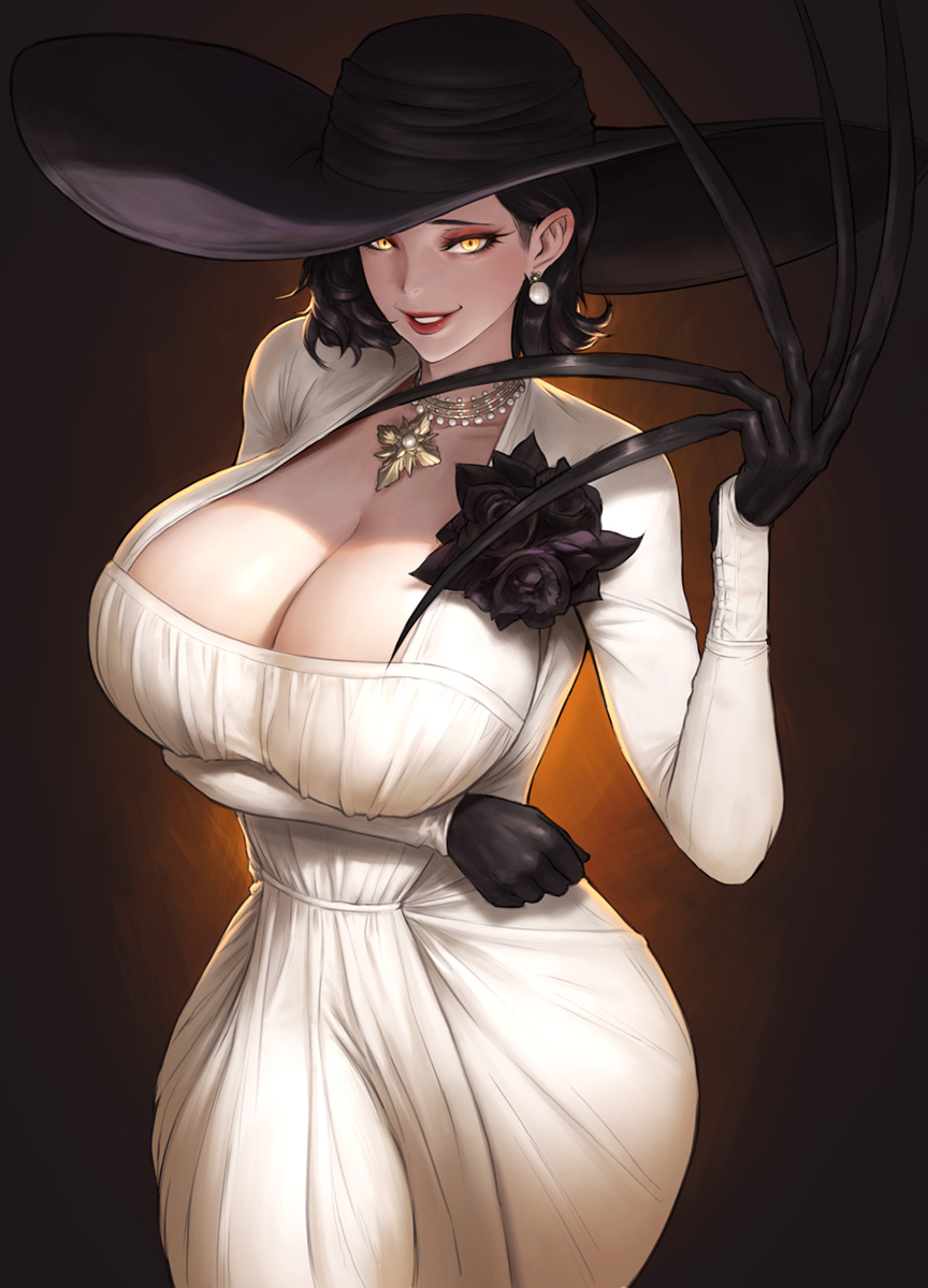 alcina dimitrescu, black hair, breasts, busty, capcom, claws, cleavage, dress, female, female only, gloves, glowing eyes, hat, hourglass figure, huge breasts, jewelry, large breasts, looking at viewer, nuker, nuker (nukerdraws), resident evil, resident evil 8: village, smile, solo, white dress, wide hips, yellow eyes