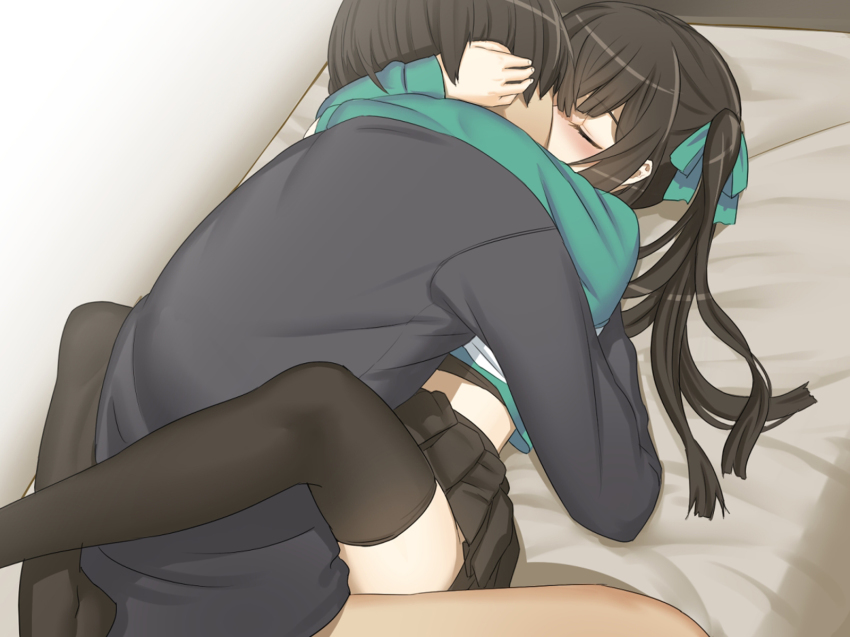 1boy, 1girls, black hair, black legwear, blush, bottomless, brother and sister, closed eyes, clothed sex, couple, female, hair ribbon, highres, hug, incest, kissing, kissing while penetrated, kyoudai no jouji jijou 2, leg lock, long hair, male, missionary, missionary position, no shoes, on back, on bed, original, osaru (yuuen-dou), pussy, raglan sleeves, ribbon, sex, shino (osaru), siblings, skirt, straight, teenage female, teenager, thighhighs, thighs, twintails, vaginal penetration, wholesome