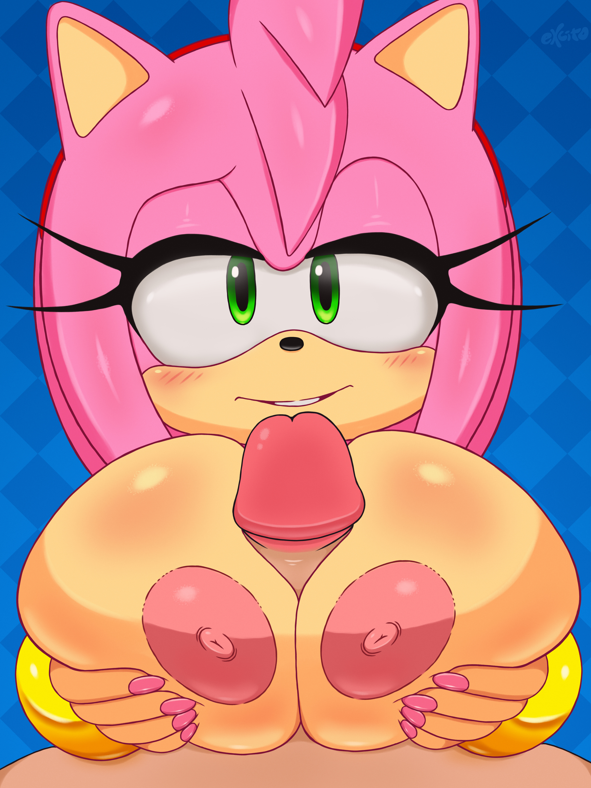 1boy, 1girls, amy rose, animal ears, anthro, areolae, big breasts, black nose, blush, breasts, erection, eulipotyphlan, excito, eyelashes, eyes, female, fur, green eyes, half-closed eyes, hedgehog, holding breast, huge breasts, human, light skin, light-skinned male, looking at viewer, male, mammal, nipples, nude, outercourse, paizuri, penis, pink fur, pov, pov eye contact, pov male, sega, sex, smile, sonic (series), straight, video games