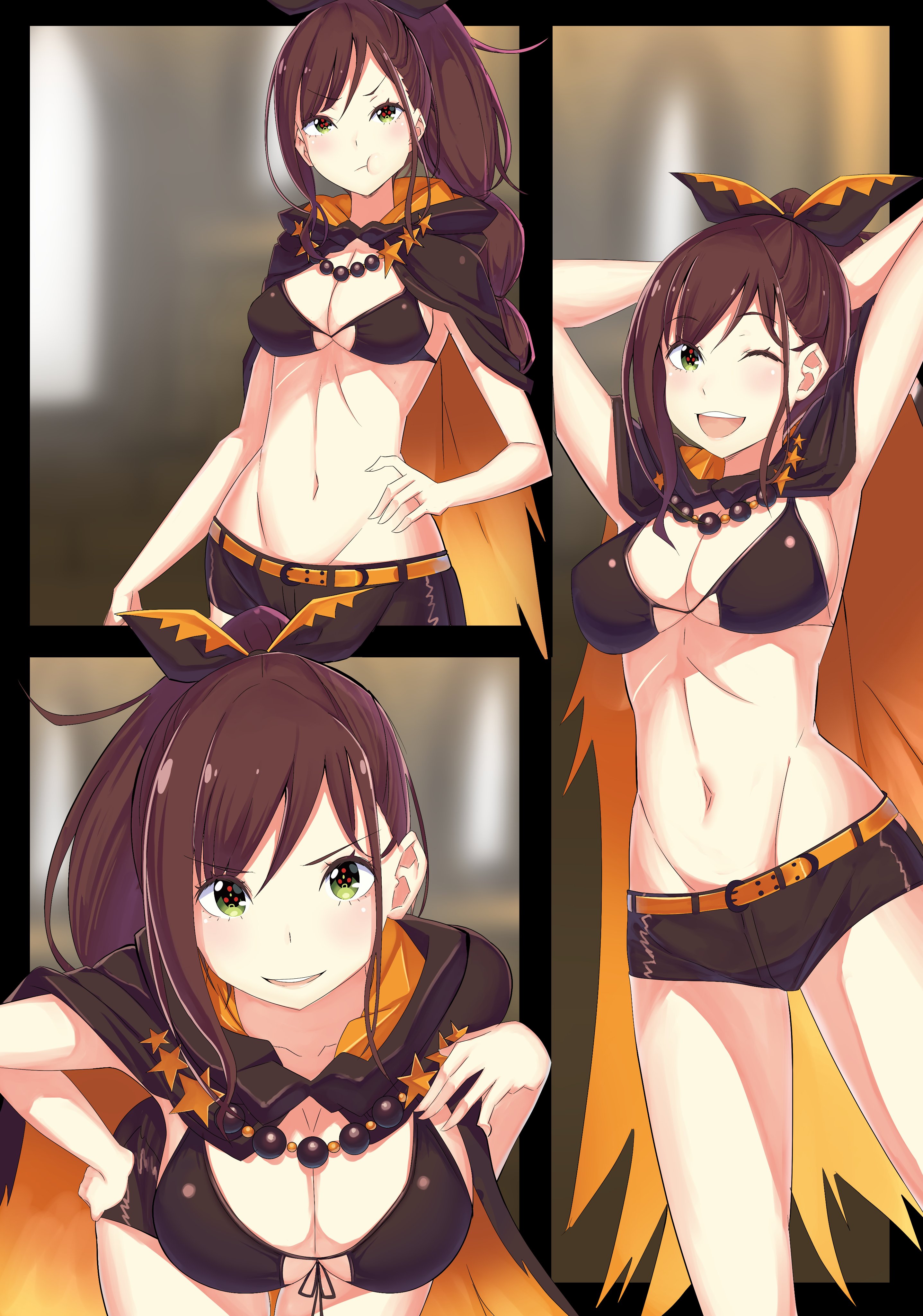 arms behind head, braid, breasts, brown hair, cleavage, female, female only, gear art, green eyes, hair tie, hand on chest, hand on hip, hand on own chest, high resolution, hotpants, large breasts, lips, long hair, looking at viewer, midriff, navel, open mouth, open-mouth smile, panels, pouting, re:zero kara hajimeru isekai seikatsu, shaula (re:zero), single braid, smile, solo, solo female, symbol-shaped pupils, tied hair, very high resolution