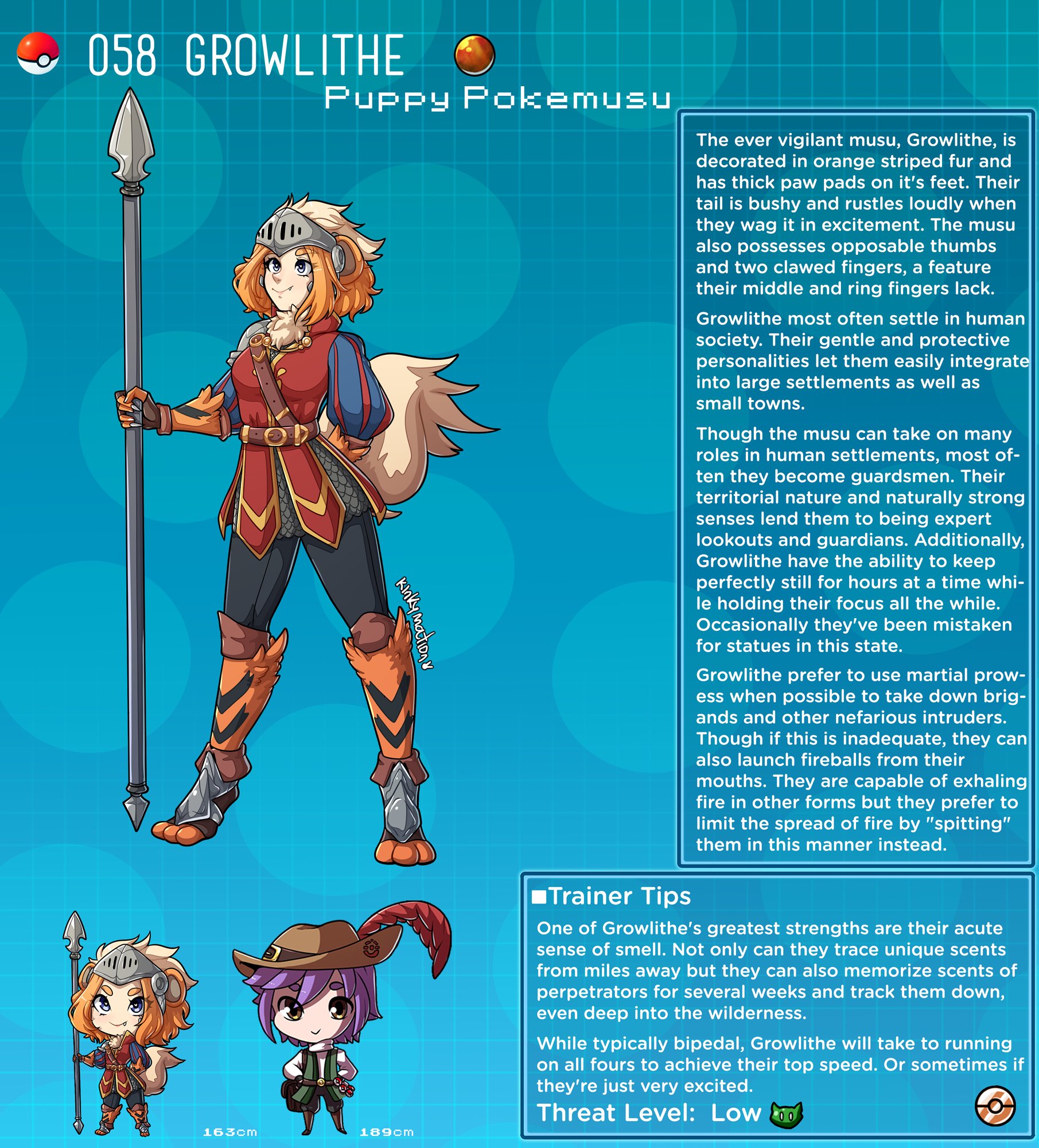 armor, creature index, english text, growlithe, helmet, highres, humanoid, kinkymation, nintendo, orange fur, orange hair, page 58, page number, pokémon (species), pokedex, pokemon, pokemon (species), pokemon rgby, pokemon-girl encyclopedia, pokemorph, pokemusu, profile, safe, spear, standing, tail, text, text box