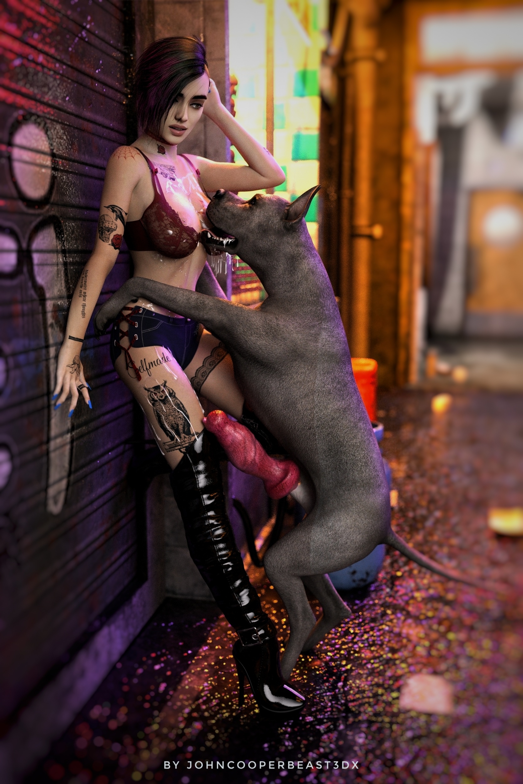 1boy, 1girls, 3d, 3d (artwork), animal genitalia, animal penis, canine, cybernetics, cyberpunk, cyberpunk 2077, daz studio, daz3d, dog penis, female, human, johncooperbeast3dx, judy alvarez, male, penis, public, realistic, zoophilia