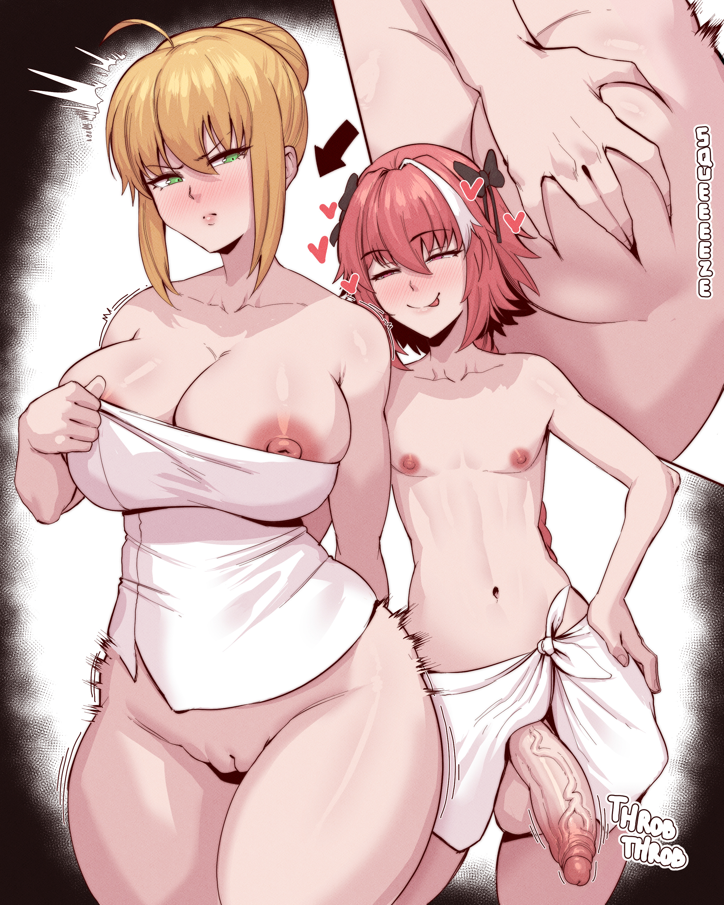 :p, 1boy, 1girls, absurd res, artoria pendragon, ass, ass grab, astolfo (fate), big ass, big breasts, big penis, bigger female, blonde hair, blush, breasts, closed eyes, closed mouth, cucked by femboy, cuckold, fate (series), fate/grand order, fate/stay night, female, femboy, femboy on female, femboy with female, foreskin, foreskin folds, fully retracted foreskin, green eyes, height difference, highres, huge ass, huge breasts, hung trap, imminent sex, inminent sex, large breasts, light skin, light-skinned female, light-skinned male, male, milf, netorare, nipples, ntr, nude, nude female, nude male, otoko no ko, patreon username, penis, penis out, pink hair, pussy, retracted foreskin, saber, small but hung, speedl00ver, straight, thick thighs, throbbing, throbbing penis, tied hair, towel, towel only, uncensored, uncircumcised, uncircumcised penis, uncut, veins, veiny penis, voluptuous, wide hips