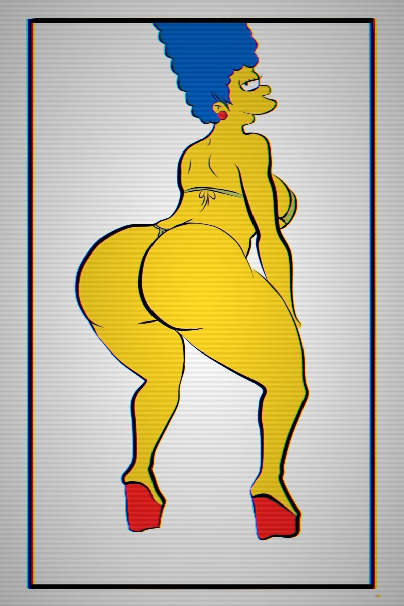 1girls, androidspaints, ass, breasts, crouching, female, female only, high heels, looking back, marge simpson, milf, mrpotatoparty, partially clothed, rear view, solo, the simpsons