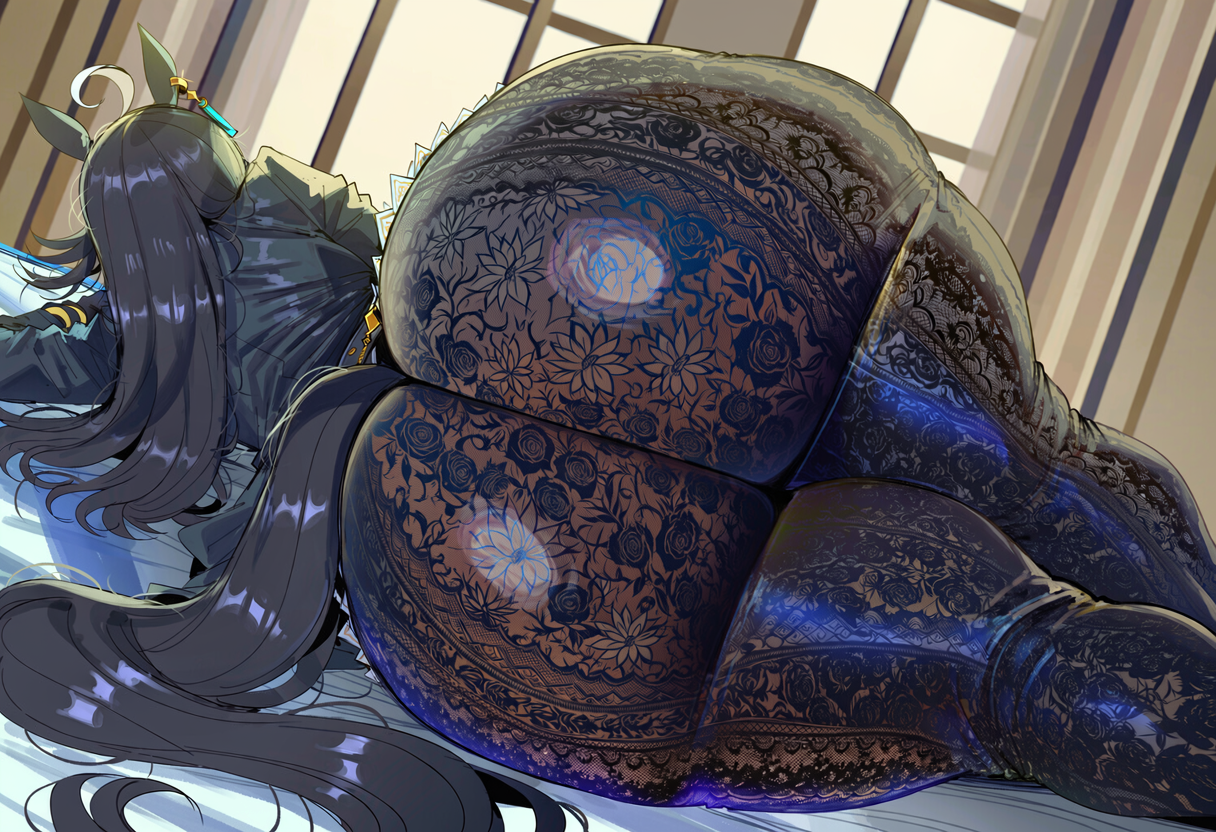 1girl, absurdres, ahoge, ai generated, animal ears, ass, ass focus, bed, black hair, black panties, brown hair, earrings, facing away, floral print, from behind, hair ornament, high heels, horse ears, horse girl, horse tail, huge ass, indoors, lace, lace panties, long hair, long sleeves, lying, manhattan cafe (umamusume), no pants, on bed, on side, panties, panties under pantyhose, pantyhose, see-through, shirt, skindentation, solo, tail, thick thighs, thighhighs, thighs, umamusume, underwear, very long hair, wide hips, zeyayelan
