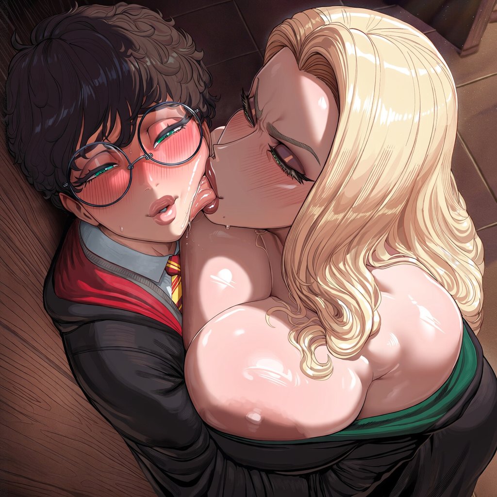 1boy, 1girl, against surface, against wall, ai assisted, ai generated, areola, blonde hair, blush, blush lines, draco malfoy, draco malfoy (redteneri), face lick, female, genderswap, genderswap (mtf), green eyes, harry james potter, harry potter, highres, huge breasts, hugging, kissing, kronolust, large breasts, looking at viewer, makeup
