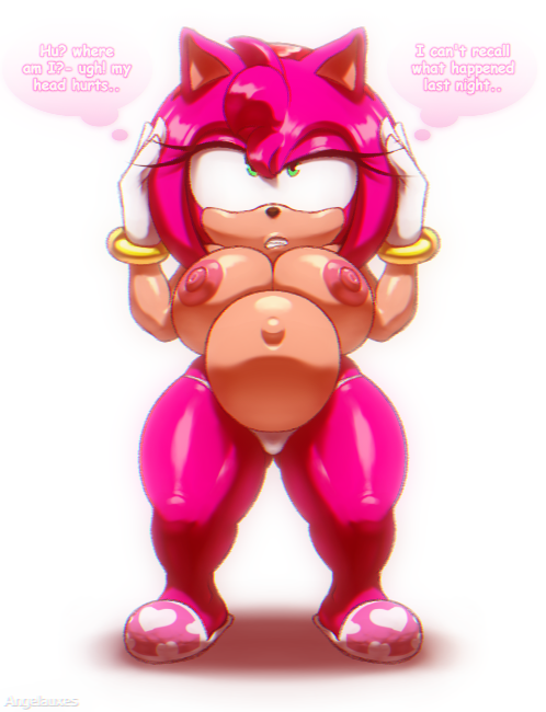 amy rose, angelauxes, anthro, belly, big belly, breasts, dizzy, english text, eulipotyphlan, exposed breasts, female, hedgehog, mammal, solo, sonic (series), sonic the hedgehog (series), text