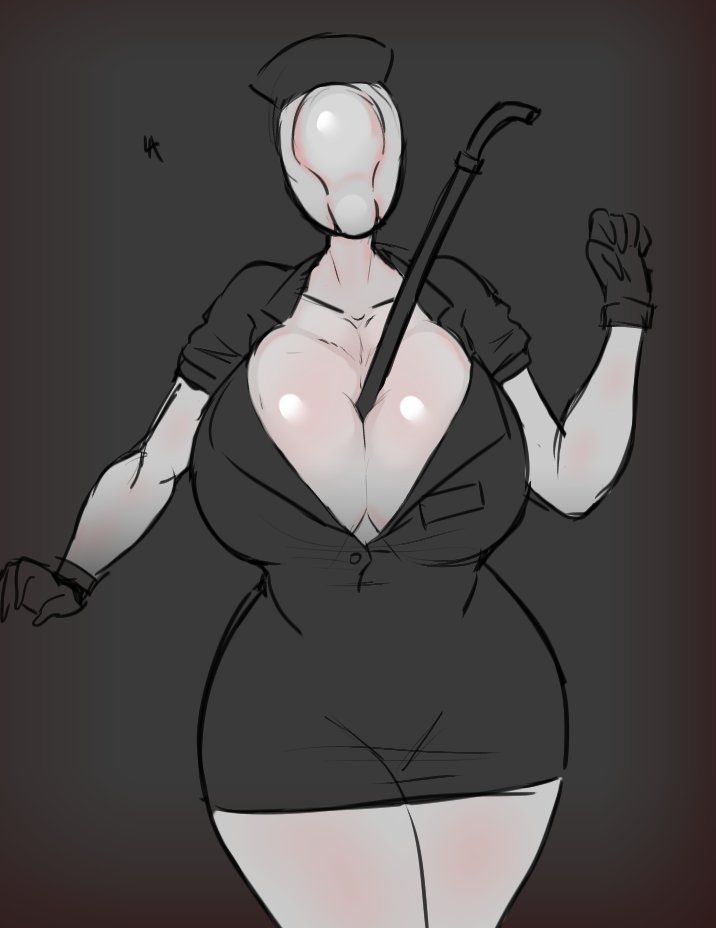 1girls, 2d, 2d (artwork), big breasts, breasts, bubble head nurse, female, huge breasts, lewdicrousart, monster girl, nurse (silent hill), object between breasts, silent hill, silent hill 2, sketch, solo, thunder thighs