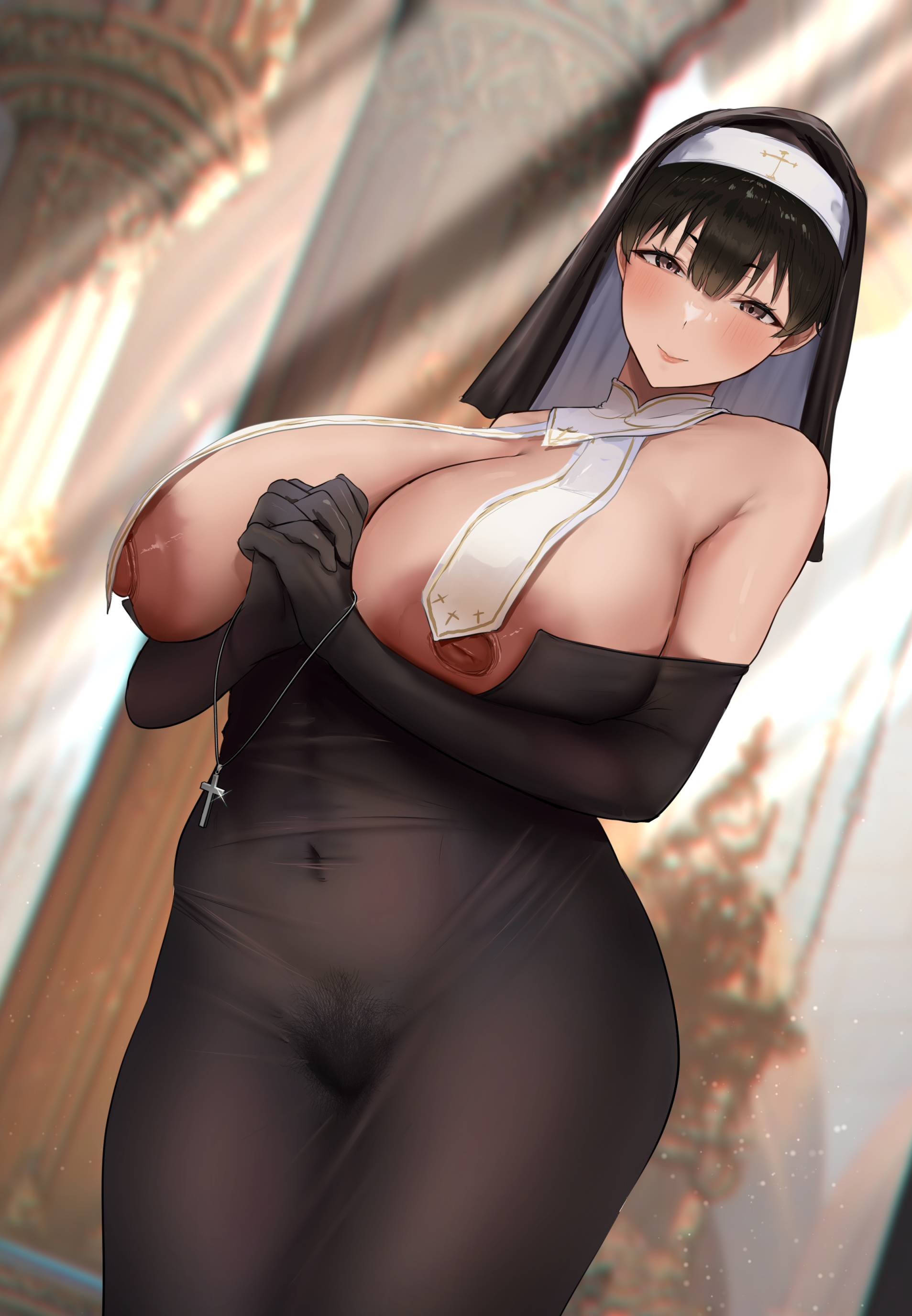 1girls, 2d, 2d (artwork), absurd res, absurd resolution, armwear, aruhi (pyxk7325), bare shoulders, beautiful woman, black armwear, black dress, brown eyes, church interior, cleavage, cleavage cutout, cross necklace, erect nipples, h-cup breasts, happy female, hard nipples, heavenly body, high quality, highres, holding hands, huge breasts, leaning to the side, long dress, mature woman, nun, nun headdress, nun outfit, original, see-through clothing, see-through dress, sexy body, unbothered, unnamed character, voluptuous, voluptuous woman