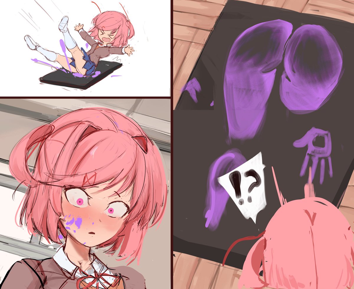 accidental circumstance, big ass, big ass (female), blush, blushing, bodypaint, clothing, doki doki literature club, embarrassed, falling, natsuki (doki doki literature club), painting, rakeemspoon, rgsp00n