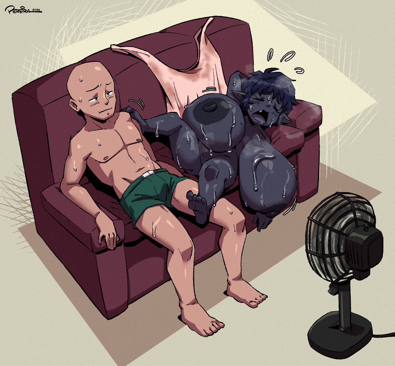 1boy, 1girls, big breasts, breasts, female, heat (temperature), huge breasts, joaoppereiraus, male, naked, nipples, nude, sean (joaoppereiraus), shantelle (joaoppereiraus), shortstack, sweat, sweating, sweaty body, sweaty breasts, tank top
