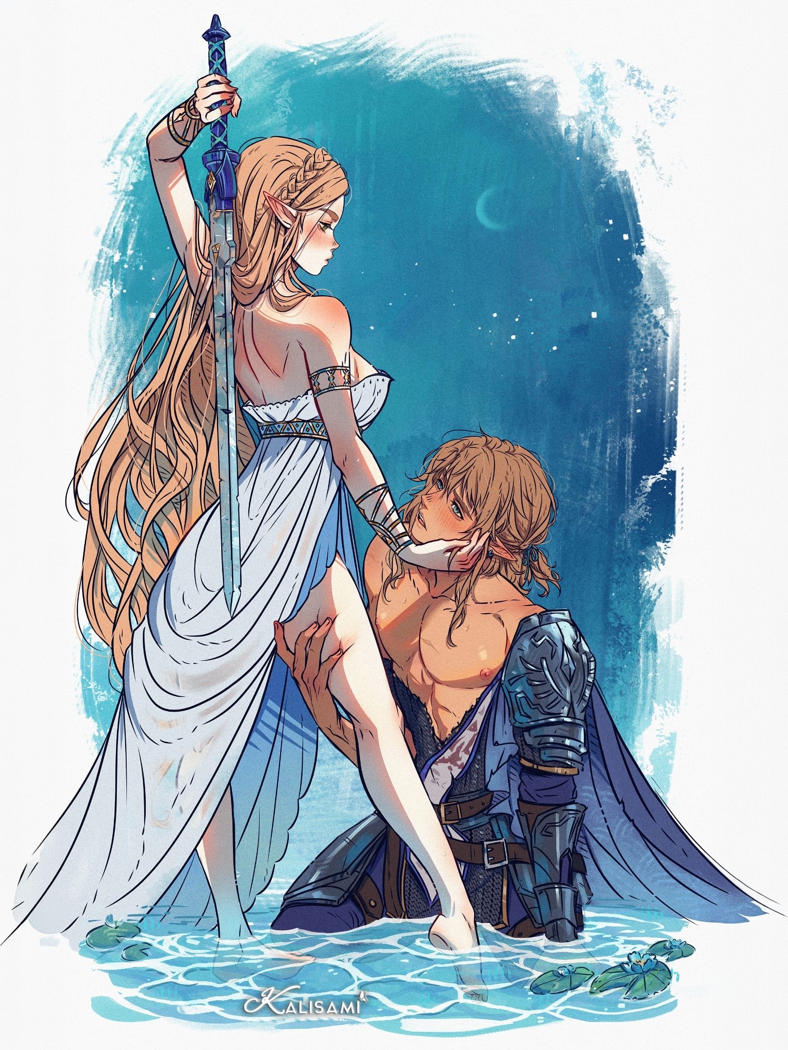 1boy, 1girls, 2d, bare shoulders, blonde female, blonde hair, blonde-haired female, couple, couple (romantic), elegant, elegant dress, elf ears, elf girl, female, grabbing thighs, hourglass figure, kalisami, link, link (tears of the kingdom), long ears, long hair, looking at each other, medium breasts, pointy ears, princess, princess zelda, sfw, sfw version, slim waist, tagme, the legend of zelda, the legend of zelda: tears of the kingdom, video game character, wide hips, zelda (tears of the kingdom)