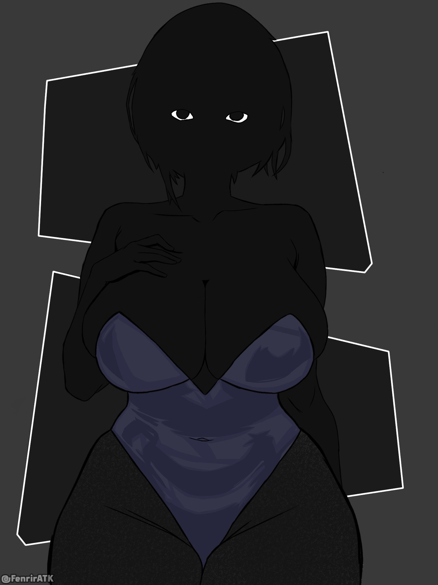 1female, 1girl, 1girls, 2026, 2d, 2d (artwork), 2d art, 2d artwork, alternate version at source, big boobies, big boobs, big breasts, black body, black hair, black pupils, black skin, blue leotard, boobies, boobs, breasts, cleavage, cleavage overflow, colored, dark blue leotard, digital, digital art, digital drawing, digital drawing (artwork), digital media, digital media (artwork), entity, exposed cleavage, eyes, female, female focus, female only, female solo, front view, girl, girl focus, girl only, girl solo, gray background, grey background, hair, hand on breast, hands, head, high leg leotard, highleg leotard, hips, legs, leotard, leotard only, looking at viewer, nate (nate hand gesture), nate hand gesture, neck, non-human, nonhuman, revealing clothes, short hair, shoulder length hair, shoulders, simple background, skimpy clothes, solo, solo female, solo focus, solo girl, solo only, standing, standing female, standing position, staring at viewer, strapless leotard, tagme (artist), thick hips, thick thighs, thighs, twitter link, twitter source, twitter username, unknown species, waist, watermark, white sclera, wide hips, wide thighs
