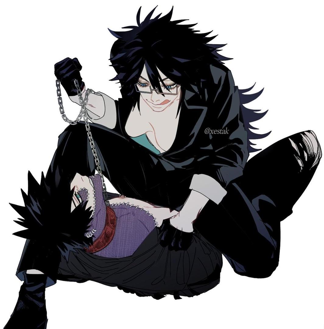 1boy, 1girls, black clothing, black hair, blue eyes, chain leash, chained, cleavage, collar, dabi, dominant female, domination, female, femdom, forced submission, gloves, heroine on villain, kayama nemuri, leash, leash and collar, leash pull, licking lips, licking own lips, loose clothes, male, male/female, malesub, midnight (my hero academia), my hero academia, nemuri kayama, pulling clothing, pulling leash, ripped pants, sitting on lap, sitting on person, submissive, todoroki touya, tongue, tongue out, touya todoroki, villain, xestak