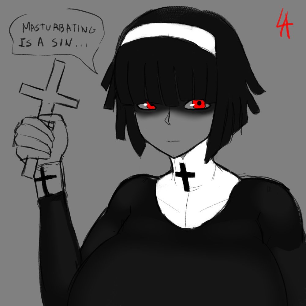 breasts, crucifix, female, huge breasts, lewdicrousart, looking at viewer, nun, original character, red eyes, sketch