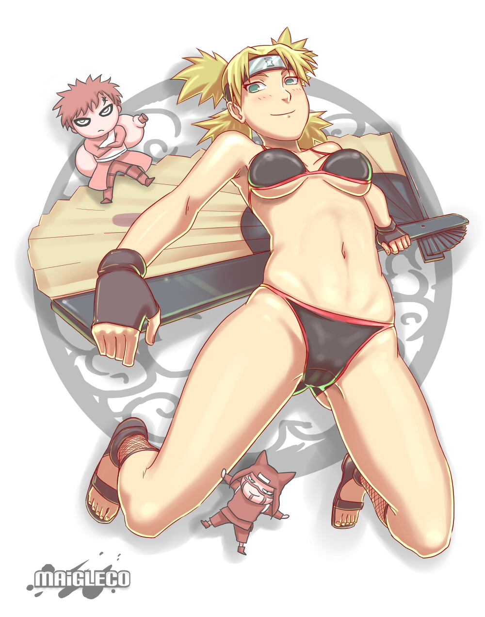 1girls 2boys bikini blonde_hair blue_eyes blush breasts brother_and_sister brothers cameltoe chibi fan feet fingerless_gloves forehead_protector gaara gloves green_eyes kankuro larger_female maigleco midriff naruto naruto_(series) naruto_shippuden navel open_toe_shoes quad_tails sandals siblings size_difference smaller_male smile swimsuit temari tied_hair toes underboob