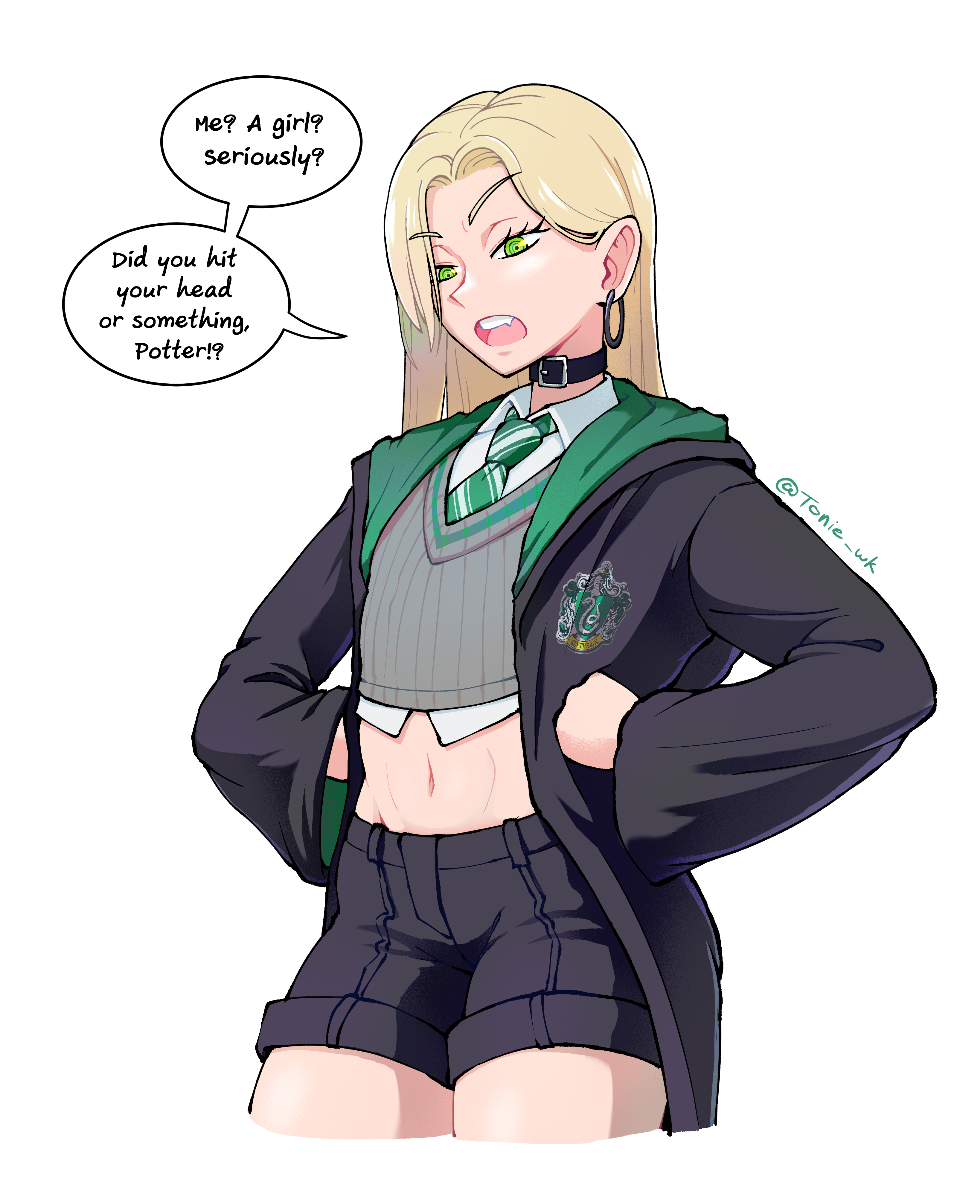 1boy, 1femboy, absurdres, artist request, belt collar, black collar, blonde hair, collar, commentary, curtained hair, earrings, english commentary, english text, femboy, genderswap, genderswap (ftm), genderswap (mtf), green eyes, hands on own hips, harry potter, highres, hogwarts school uniform, jewelry, long hair, male focus, midriff, navel, necktie, parted hair, recursive genderswap, robe, school uniform, shorts, simple background, solo, trap, twitter username, vest, white background, wizarding world