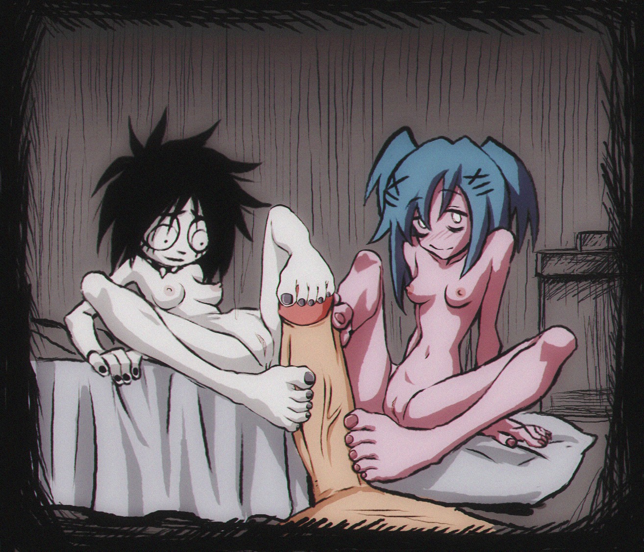 1male, 2girls, amondetauro, barefoot, breasts, cock bigger than feet, double footjob, feet, feet on penis, foot fetish, footjob, i can't sleep, lacey (lacey games), lacey games, nia, nia (i can't sleep), nude, nude female, partial male, pussy, soles, toenails, toes, vagina
