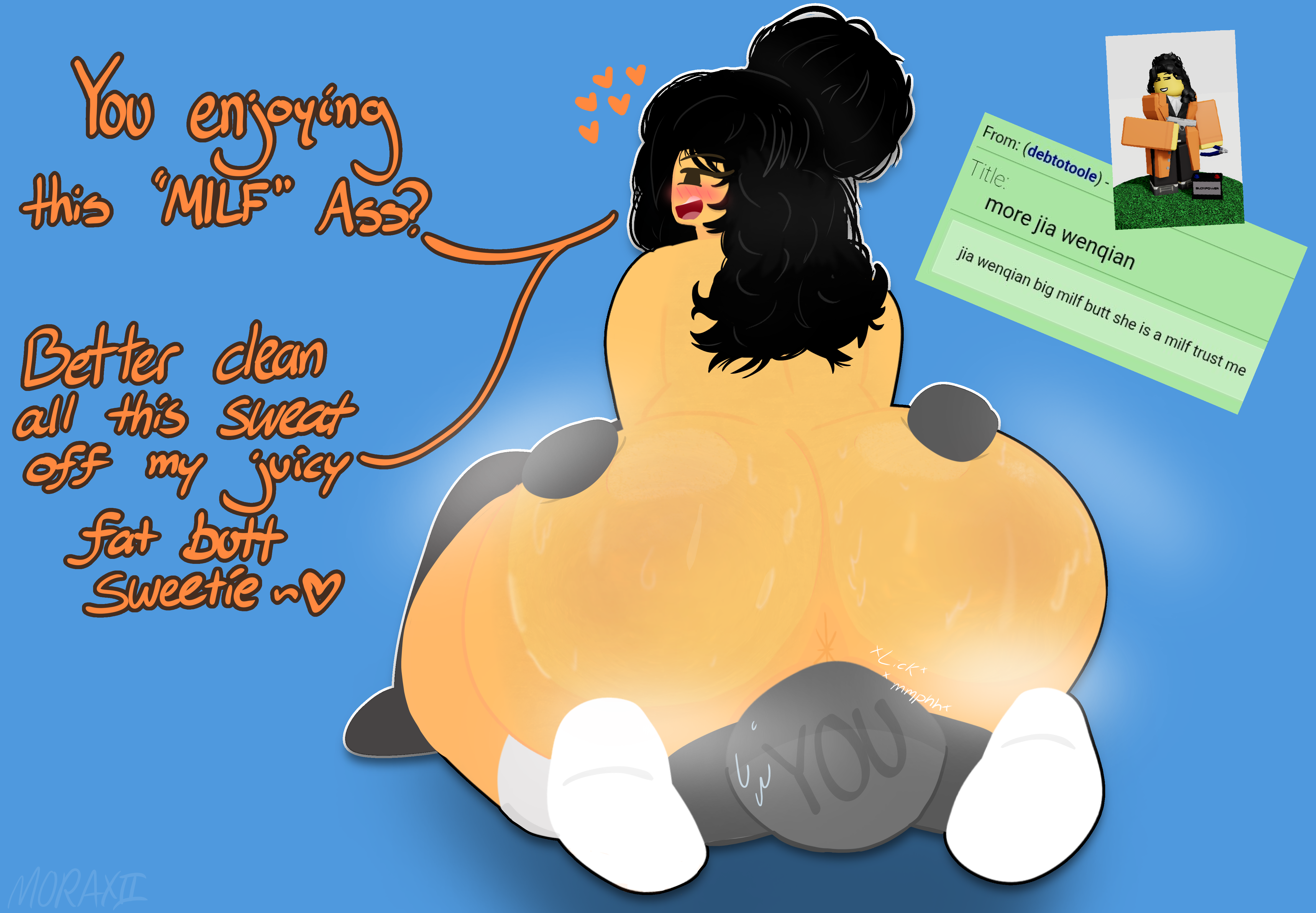 1boy1girl, 1girls, 2d, 2d (artwork), 2d art, 2d artwork, ass, ass bigger than head, ass focus, black hair, blood debt, digital media (artwork), dumptruck ass, dumptruck butt, english text, exposed anus, exposed shoulders, eyelashes, faceless character, faceless male, facesitting, fat ass, female, female focus, flushed, human, looking back, moraxii, musk, musk clouds, nude, oral, oral sex, reference image, requested, roblox, roblox game, robloxian, self upload, sitting, sitting on another, smile, socks, sweating, sweaty ass, tagme (character), text, tied hair, video game character, video games