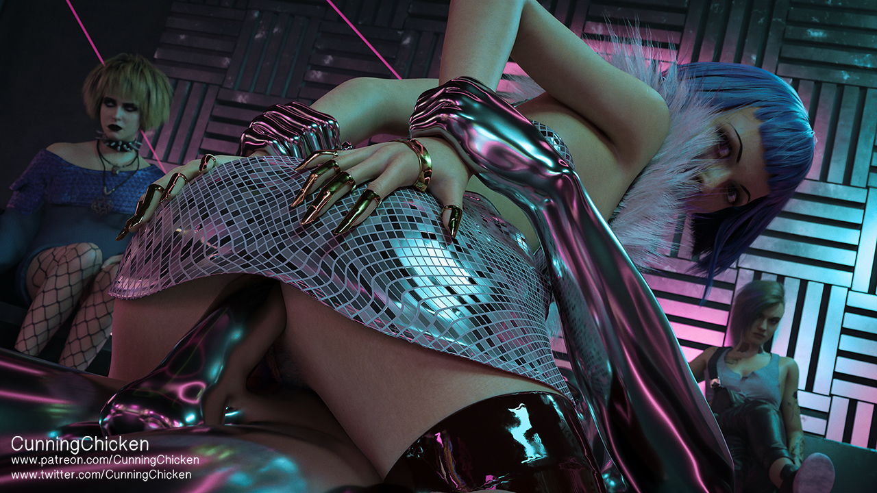 1boy, 3d, 3d (artwork), 3girls, anal, anal sex, ass, blue hair, bob cut, brown eyes, cd projekt red, cowgirl position, cunningchicken, cybernetics, cyberpunk, cyberpunk 2077, dress, dress lift, evelyn parker, eyelashes, eyeliner, eyeshadow, female, freckles, fringe, green eyes, hime cut, human, judy alvarez, latex, latex suit, looking at viewer, looking back, male, medium hair, misty olszewski, nightclub, pale skin, partial male, penis, pubic hair, purple lipstick, short hair, slim, small fringe, spread ass, tight anal, upskirt