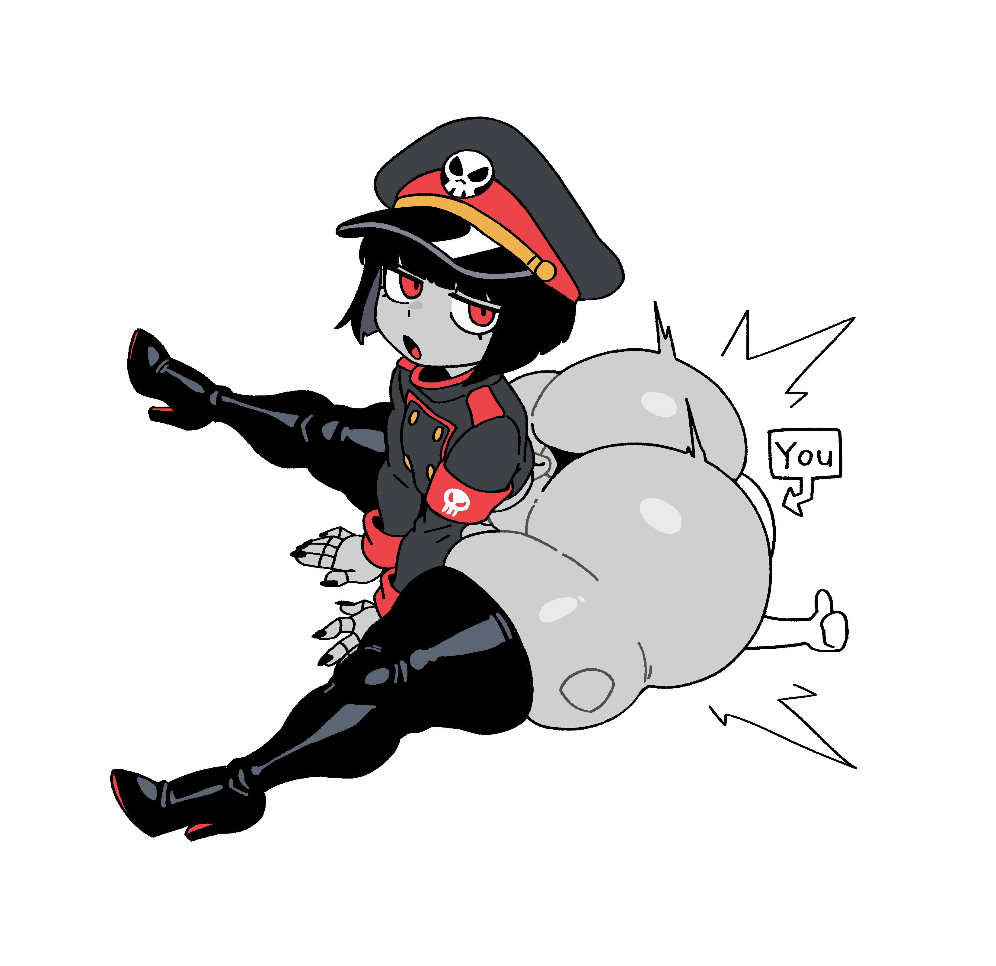 1girls, ass, black hair, black legwear, chengchezhiice, fat ass, female, female only, huge ass, looking at viewer, looking back, massive ass, original, red eyes, robot commander (bingbingzi), robot girl, short hair, simple background, thigh boots, thighhighs, white background