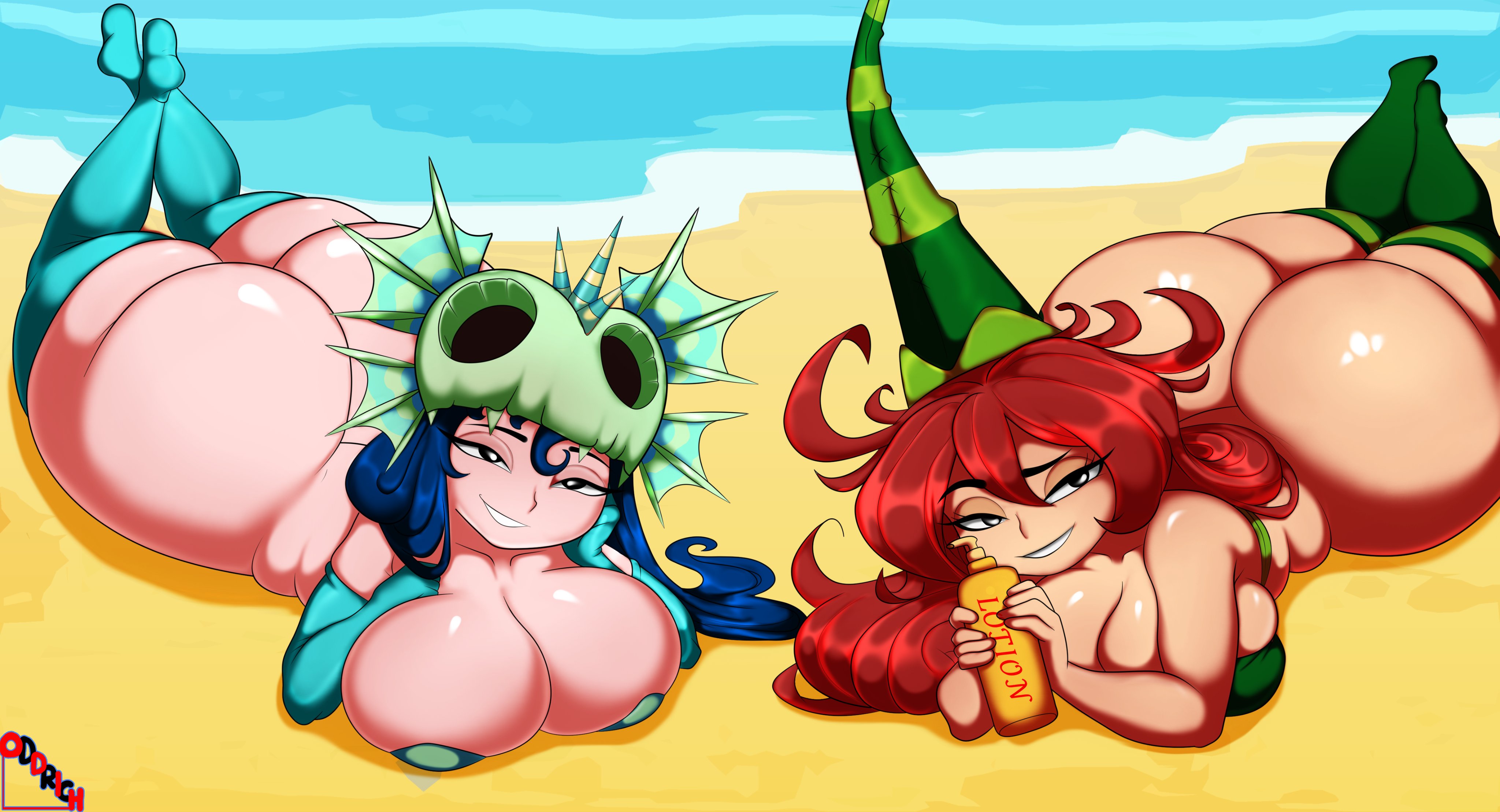 2026, 2girls, annetta fish (rayman), ass, ass bigger than head, ass focus, ass up, barely contained, barely contained breasts, beach, betilla (rayman), big ass, big breasts, big butt, big thighs, blue hair, bottom heavy, bottomless, bottomless female, breasts, bubble ass, bubble butt, butt, curvaceous, curvaceous female, curvaceous figure, curvaceous hips, curvy, curvy female, curvy figure, curvy hips, dat ass, dat butt, dumptruck ass, dumptruck butt, fat ass, fat butt, female, female focus, female only, glistening, glistening ass, glistening body, glistening breasts, glistening skin, hand on breast, hat, helmet, huge ass, huge breasts, huge butt, huge thighs, imminent sex, large ass, large breasts, large butt, light skin, light-skinned female, long hair, looking at viewer, lotion, lotion bottle, nymph, nymph (rayman), oddrich, pale skin, pale-skinned female, plump, plump ass, plump butt, rayman (series), rayman origins, red hair, sand, sea, seaside, seductive, seductive eyes, seductive female, seductive look, seductive pose, seductive smile, shiny ass, shiny breasts, shiny butt, shiny hair, shiny skin, smile, smiling, smiling at viewer, suggestive, suggestive look, text, thick ass, thick butt, thick thighs, thighs, ubisoft, voluptuous, voluptuous ass, voluptuous body, voluptuous breasts, voluptuous female, voluptuous woman, water, watermark, white skin, white skinned female