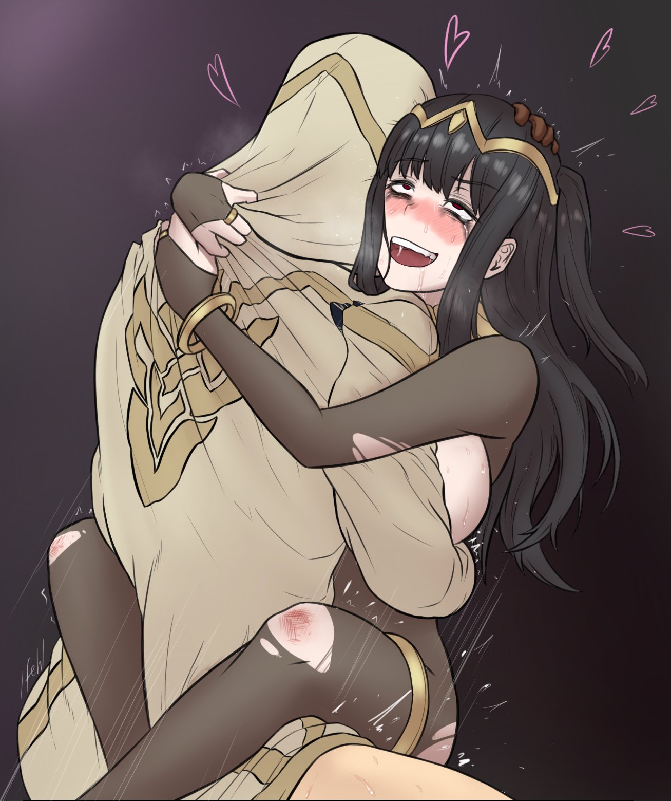 1boy 1girls ahe_gao big_breasts black_hair bodystocking breasts breasts_out brown_eyes clenched_hands cloak drawnonymous female fire_emblem fire_emblem_awakening fire_emblem_heroes heart highres hood hooded_cloak hugging kiran_(fire_emblem) kiran_(fire_emblem)_(male) large_breasts long_hair makeup nintendo open_mouth ripped_bodysuit ripped_clothes ripped_clothing ripped_pantyhose ruined_clothes ruined_clothing runny_makeup scraped_knee sex smile straddling tharja_(fire_emblem) torn_clothes torn_legwear upright_straddle