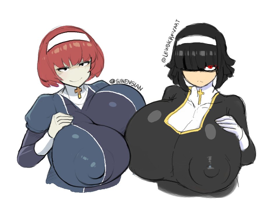 2girls, areola, areolae, big areola, big breasts, black hair, breasts, clothed, female, fully clothed, gigantic breasts, gloves, huge areolae, lewdicrousart, nipple bulge, nipples, nipples visible through clothing, nun, red eyes, red hair, short hair, sinensian