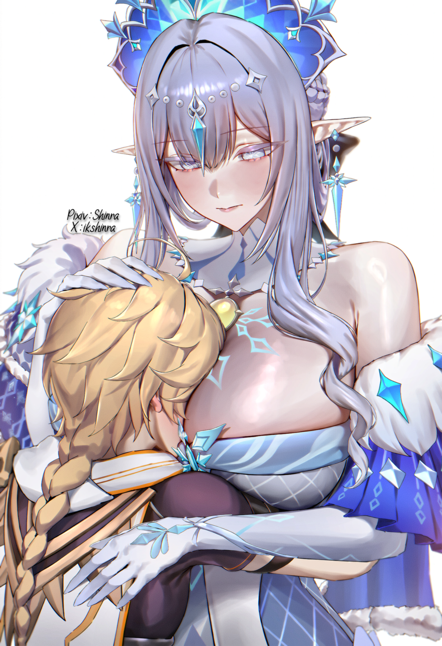 1boy, 1girls, aether (genshin impact), age difference, ai generated, artist name, big breasts, blonde hair, blue hair, blush, braid, elf ears, genshin impact, gloves, headpat, holding, horny female, hug, long hair, mihoyo, pleasure face, shinra, taller female, tsaritsa (genshin impact), wholesome