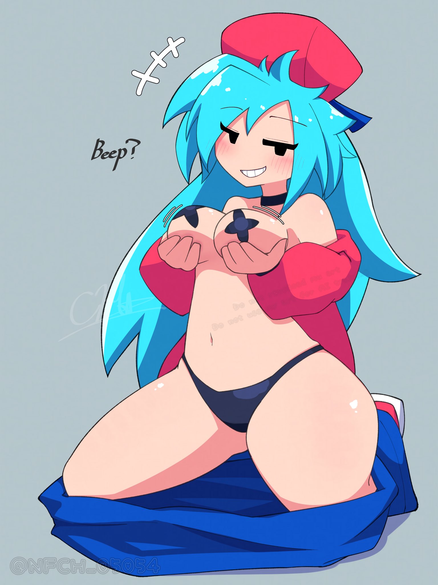 1girls, 2026, 2d, black thong, blue hair, boyfriend (friday night funkin), breasts, female, female boyfriend (friday night funkin), female only, friday night funkin, genderswap, genderswap (mtf), hair, hat, headwear, holding breast, light skin, light-skinned female, looking at viewer, nfch 05054, pants down, pasties, rule 63, solo, tape, taped nipples, thick thighs, thighs, thong, underwear