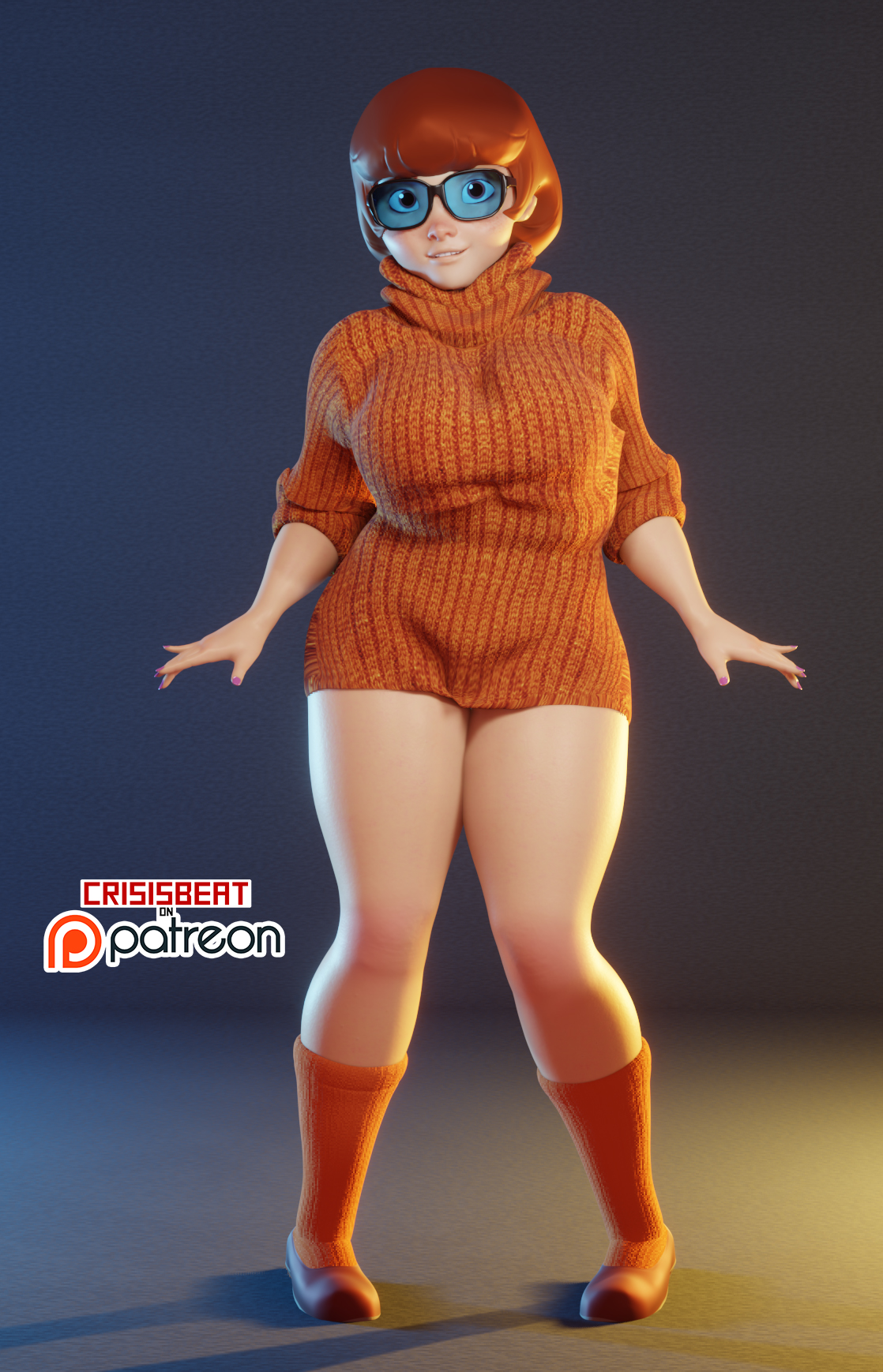 1girls, 3d, artist name, ass, big breasts, blush, breasts, busty, chubby, crisisbeat, female, glasses, hanna-barbera, light skin, light-skinned female, nerd, red hair, scooby-doo, short hair, text, upper body, velma dinkley, voluptuous