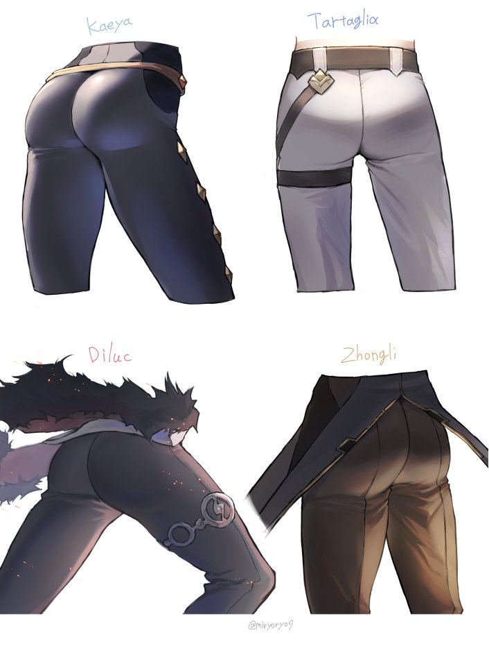 4boys, ass, ass focus, childe (genshin impact), clothed, diluc (genshin impact), from behind, genshin impact, kaeya (genshin impact), male, male only, miryoryo9, multiple boys, multiple males, pants, skin tight, tartaglia (genshin impact), tight pants, zhongli (genshin impact)