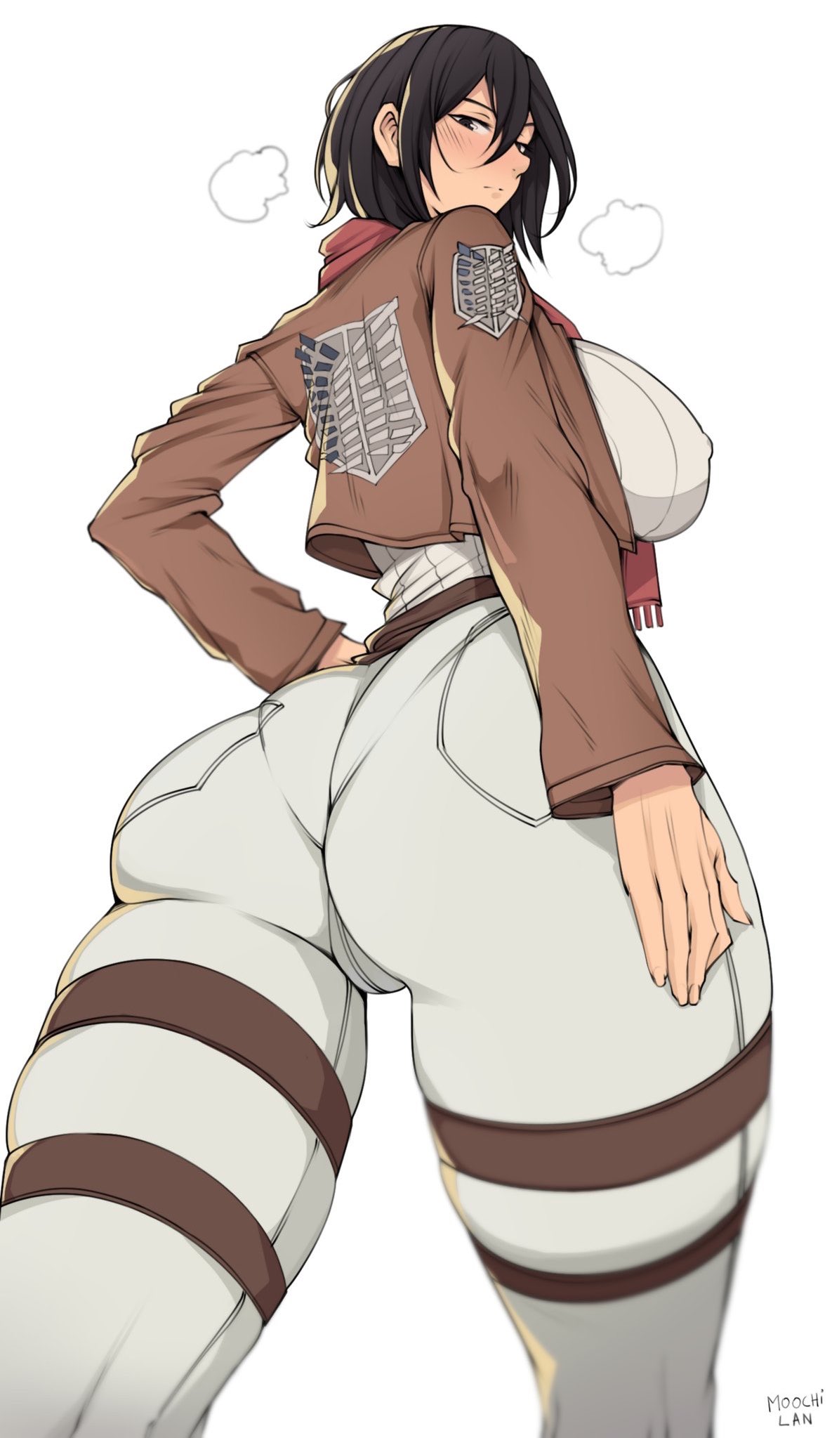 1girls, ass, ass focus, attack on titan, big ass, big breasts, black hair, breasts, favorite, female, female only, fully clothed, mikasa ackerman, moochi lan, shingeki no kyojin, solo