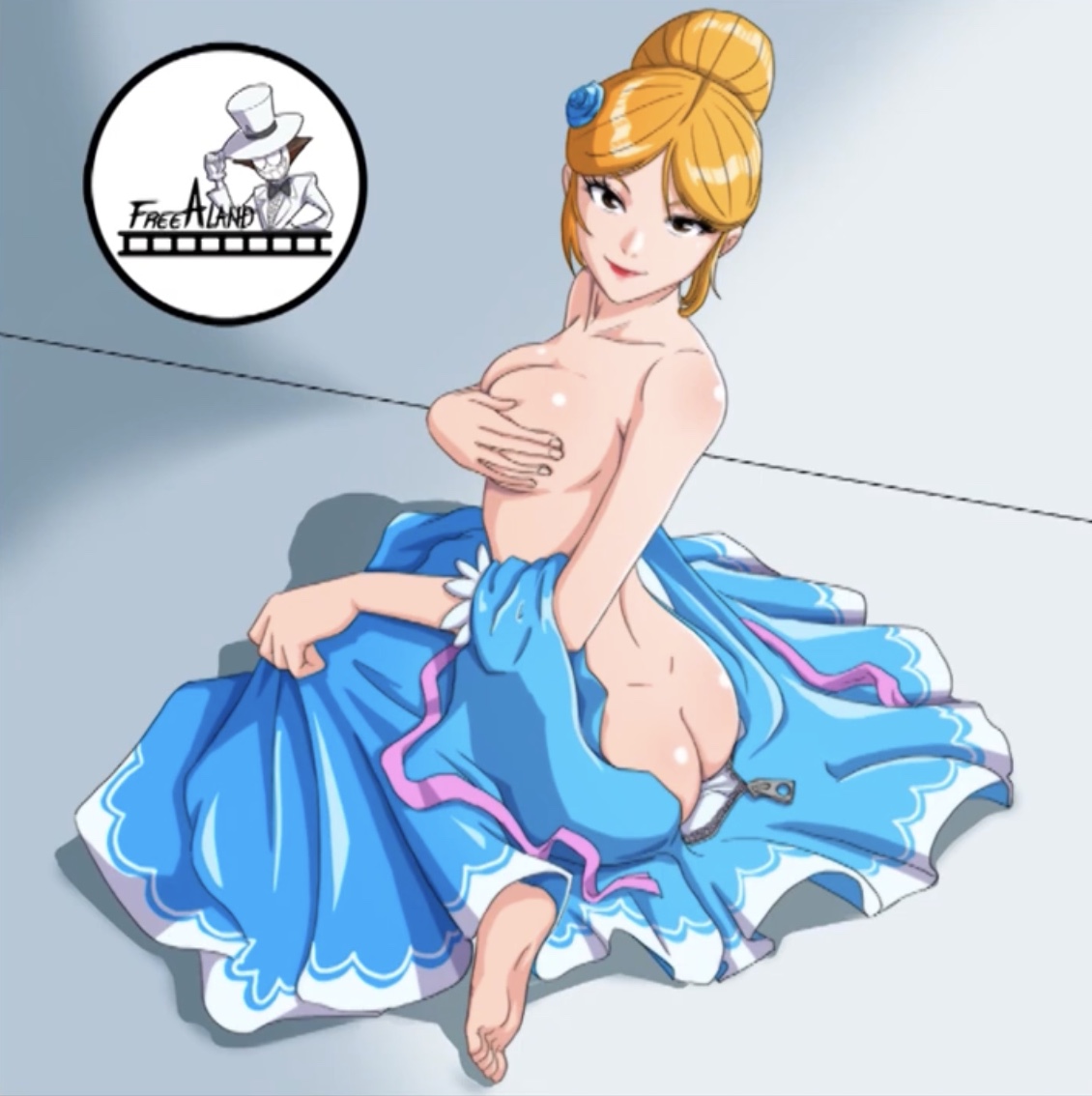 ass, blonde hair, brawl stars, breasts, curvaceous, curvaceous figure, feet, female, female only, freealand, holding own breast, lips, long hair, nude, nude female, piper (brawl stars), posing, shiny skin, stripping, tied hair, topless, zipper